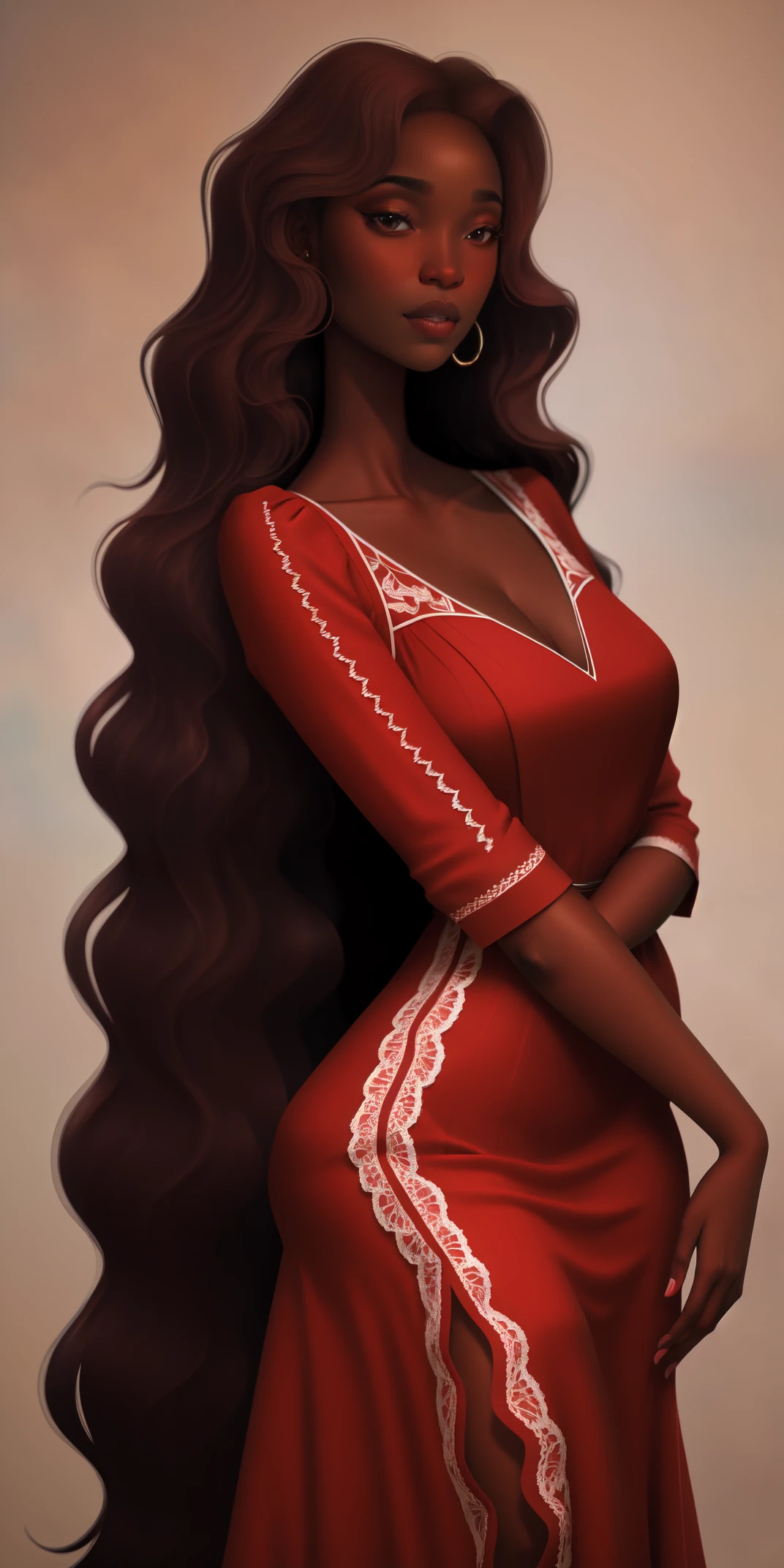 A Congolese black woman with rich dark brown skin, content expression, beautiful, 1woman, intricate detail, long wavy hair, beautiful fitted sheer burgundy lace dress, abstract accents in the background 