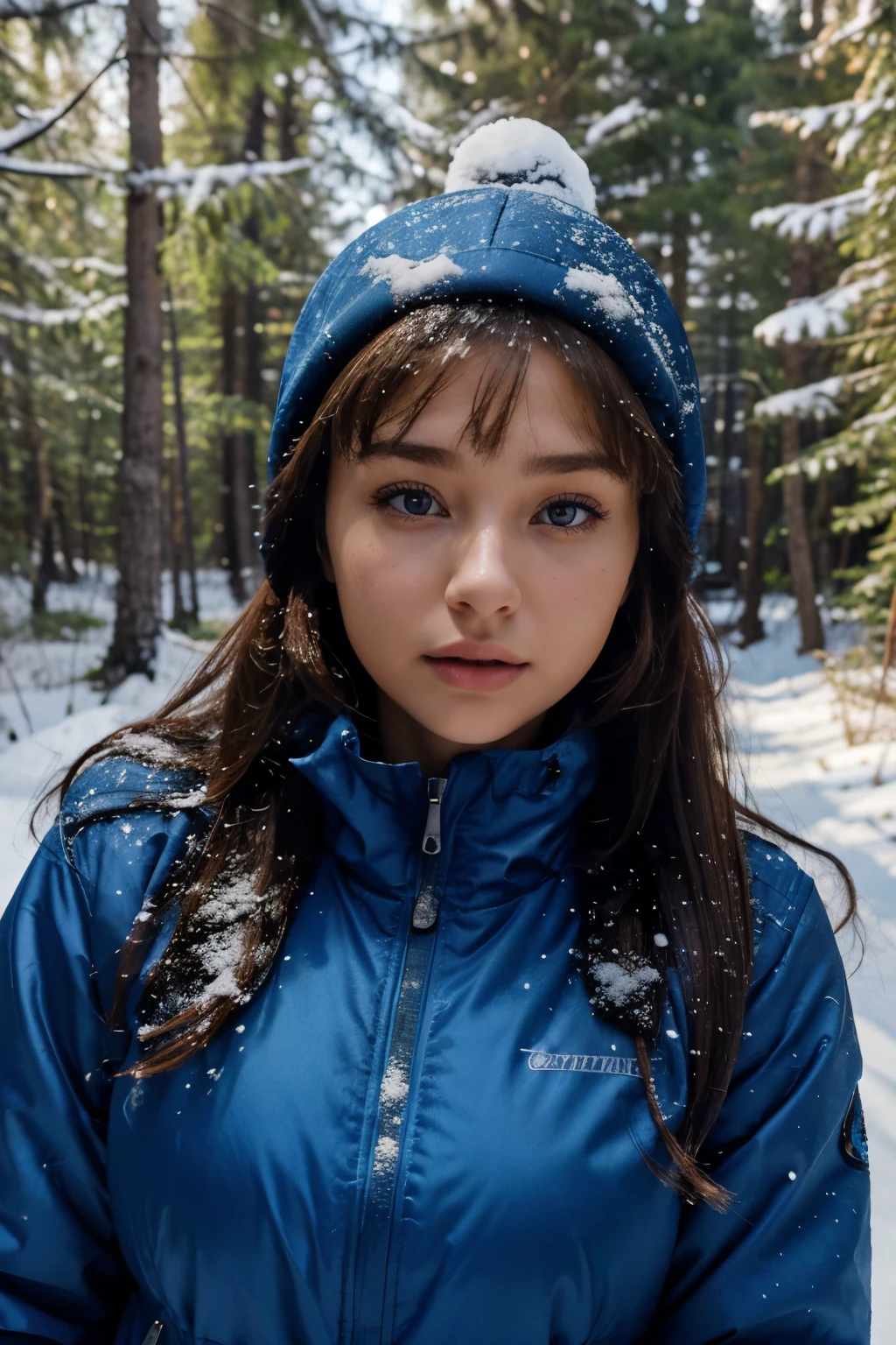 arafed woman in a blue jacket standing in the snow, portrait sophie mudd, perfectly lit face, soft portrait shot 8 k, forrest in the background, portrait shot 8 k, in front of a forest background, very pretty face, perfect face )