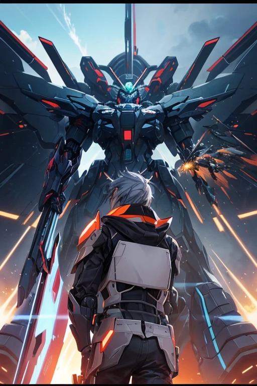 there is a robot that is flying through the air, anime bullet vfx, Screenshot of the 2012 animation, zone of enders, zone of enders, anime machine gun fire, Mecha Wings, screenshot from the anime film, Anime large mecha, Black color mecha, Armored Core V, anime screenshot, modern mecha anime