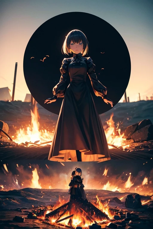 Anime scene of a woman in a black dress standing in front of a fire, Neil:Automata 2b stills, Neil 2b, 2b NeilAutomata, 2012年Animated screenshots, NeilAutomata, Neil:Automata, Animated screenshots, Today’s recommended anime is still, 2b, 2b
