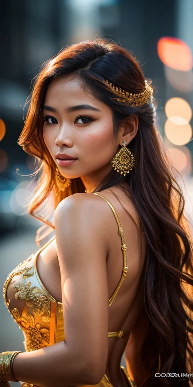 photo of a Cambodian woman, RAW, beautiful woman, (extra long wavy golden brown hair), ((portrait)), ((detailed face:1.2)), ((detailed facial features)), (finely detailed skin), brown skin, high detailed deep cleavage bodycon hasmat suit , megacity environment, (cold colors), damp, moist, reflections, (masterpiece) (perfect proportion)(realistic photo)(best quality) (detailed) photographed on a Canon EOS R5, 50mm lens, F/2.8, HDR, (8k) (wallpaper) (cinematic lighting) (dramatic lighting) (sharp focus) (intricate) fashion