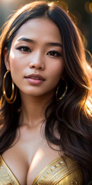 photo of a Cambodian woman, RAW, beautiful woman, (extra long wavy golden brown hair), ((portrait)), ((detailed face:1.2)), ((detailed facial features)), (finely detailed skin), brown skin, high detailed deep cleavage bodycon hasmat suit , megacity environment, (cold colors), damp, moist, reflections, (masterpiece) (perfect proportion)(realistic photo)(best quality) (detailed) photographed on a Canon EOS R5, 50mm lens, F/2.8, HDR, (8k) (wallpaper) (cinematic lighting) (dramatic lighting) (sharp focus) (intricate) fashion