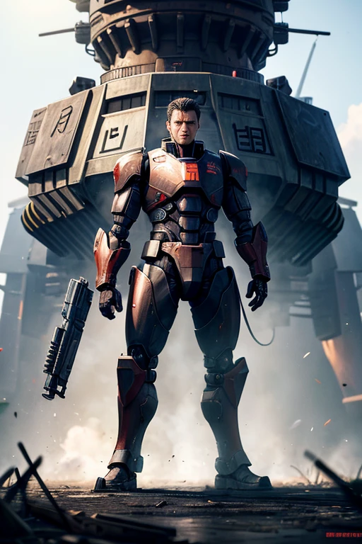 There's a guy standing on the platform with a gun, Neil机械纪元太空飞船风格, Armored Core V on the ground, Armored Core V, Neil:Automata 2b stills, Armored Core V, Neil机械纪元截图, soldiers and mech fight, Neil2b, Abandoned mecha in the background, metal gear rises:Revengeful