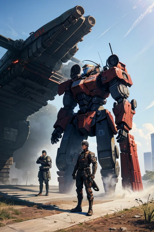 There's a guy standing on the platform with a gun, Neil机械纪元太空飞船风格, Armored Core V on the ground, Armored Core V, Neil:Automata 2b stills, Armored Core V, Neil机械纪元截图, soldiers and mech fight, Neil2b, Abandoned mecha in the background, metal gear rises:Revengeful