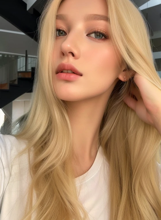 Blonde woman with long hair and white shirt looking at the camera, Yelena Belova, Yulia Gorokhova, Angelina Stroganova, face like exposed ester, Anna Nikonova aka Newmilky, dasha taran, Victoria Gavrilenko, Anastasia Ovchinnikova, Retrato de Sophie Mudd, rosto perfeito ), blonde and attractive features