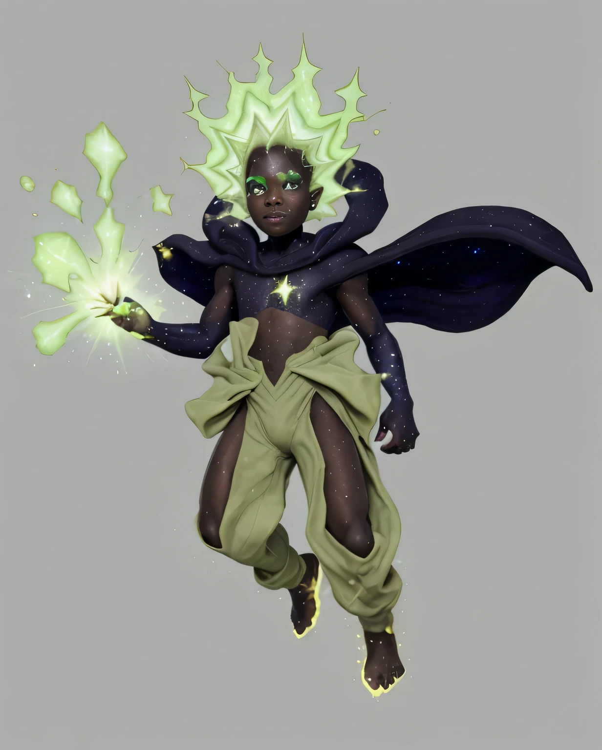 a black boy with green stardust powers and starry skin