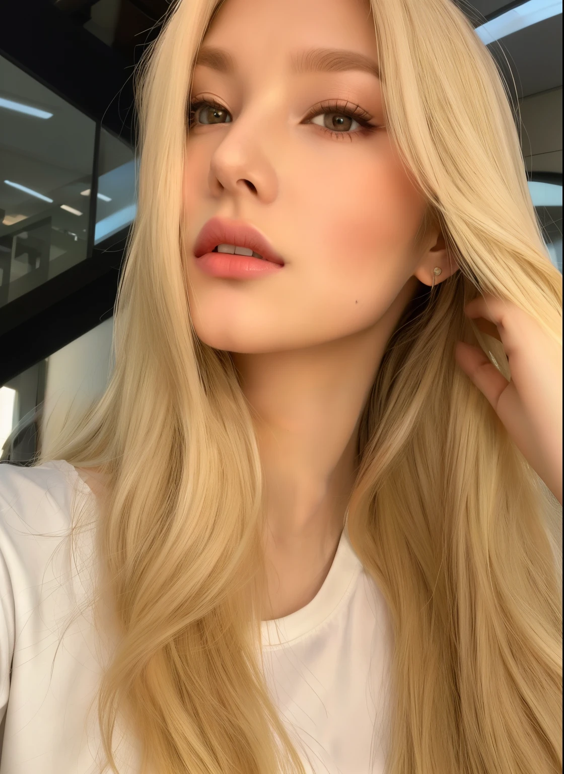 Blonde woman with long hair and white shirt looking at the camera, Yelena Belova, Yulia Gorokhova, Angelina Stroganova, face like exposed ester, Anna Nikonova aka Newmilky, dasha taran, Victoria Gavrilenko, Anastasia Ovchinnikova, Retrato de Sophie Mudd, rosto perfeito ), blonde and attractive features