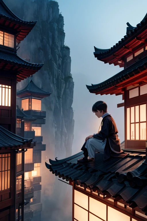 There is a person standing on the balcony in the fog, Neil机械纪元截图, Neil机械纪元太空飞船风格, Neil：Automata 2b stills, Neil 2b, cutscene clip, Neil, Neil机械纪元概念艺术风格, Neil自动机 concept art, sitting on rooftop, Ominous figures appear in the background, Neil自动机