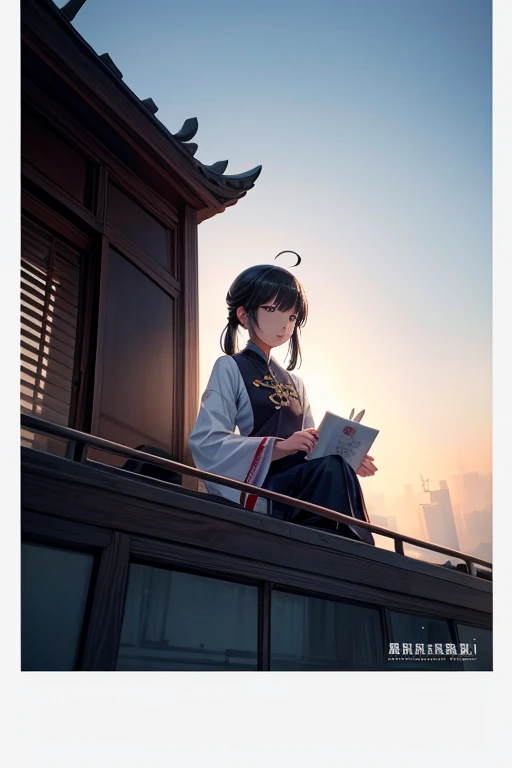 There is a person standing on the balcony in the fog, Neil机械纪元截图, Neil机械纪元太空飞船风格, Neil:Automata 2b stills, Neil 2b, cutscene clip, Neil, Neil机械纪元概念艺术风格, Neil自动机 concept art, sitting on rooftop, Ominous figures appear in the background, Neil自动机