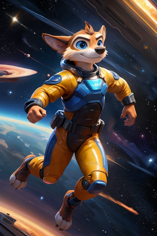 (hi-res, good graphics, great anatomy, anatomically correct, detailed body. (artists: chunie, xnirox, Pixar, LAIKA, Studio Ghibli, Todex), clay motion render, 3d render, 2.5d render, big cartoon eyes, solo, oil painting, watercolor render, digital art), space, spacesuit, latex suit, floating in space,