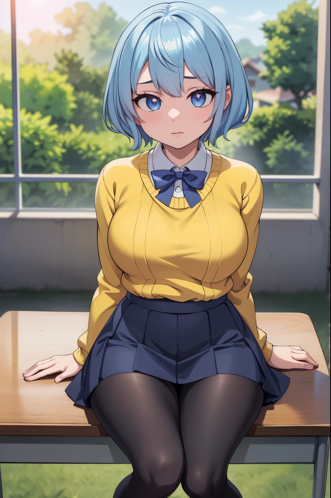 masterpiece, best quality, ultra-detailed, illustration, colorful, falt color, depth of field, lens flare, 1girl, hoshimachi suisei, anime, sitting, blue hair, looking at viewer, school, classroom, pantyhose, knit sweater, black pantyhose, no skirt, detailed skin texture, detailed cloth texture, beautiful detailed face