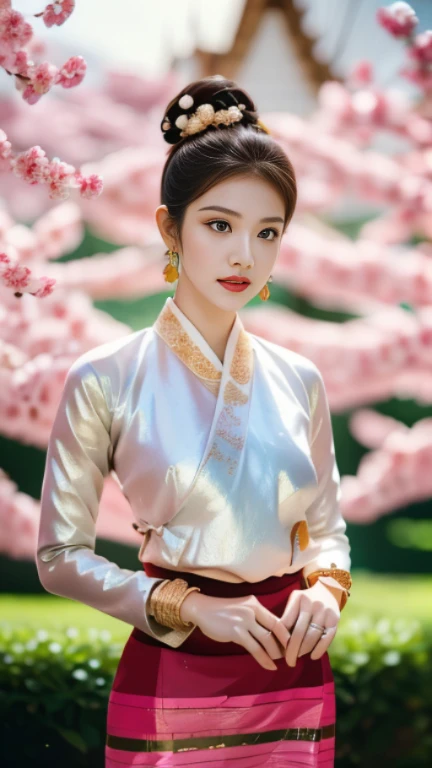 master-piece, 1girl best,looking at the audience,full body,Seduction,clean,Exquisite Face,pure face, captivating beautiful eyes, soft pink lips, Fair-skinned,(beautiful hands:1.2),(( northern Thai Lanna Traditional costume)), ((Keng Tong Tai Khun traditional costume)),((Shan dress)), very elegant dress, luxury and very details Tai Khun traditional outfit, white gold color top and red green gold stripes pattern bottom,long-haire messy bun with gold flower hairpin, (((wearing many silver bangle, gold earrings, Thai Lanna gold hairpin))),((perfect female figure)),real person,((big breast : 0.9)), full body long shot bokeh effect photography.4k,8k resolution quality image.(((masterpiece: 1.5))), Sakura flowers blooming white and Pink color background, sunlight ray and makes the costume look bright