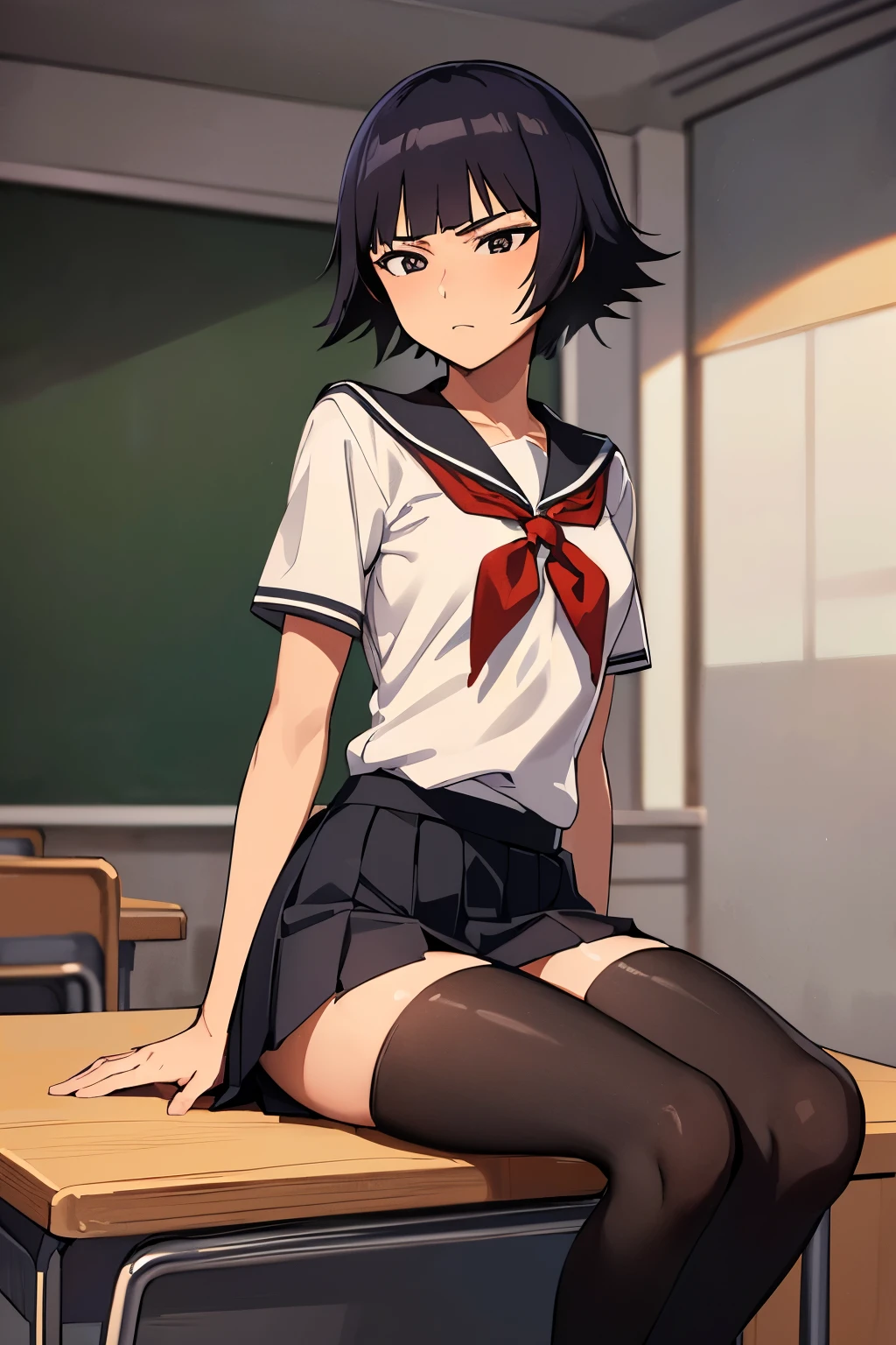 ultra-realistic 8k CG, masterpiece, ((ultra-detailed background, expressive eyes, fine drawing, intricate details, high detail, better quality fine details, hyper-detailed face)), (photorealistic: 1.4), beautiful lighting, RAW photo, film grain, soi fon, 1girl, solo, ((dark black hair, short hair)), ((dark black eyes)), black irises, makeup, side strands, (( slim girl)), ((detailed background, inside, dim lighting, moody lighting, inside classroom)), (intricately detailed full-body shot)), ((intricately detailed face and character)), sweating, detailed face, beautiful face, sharp stern features, petite, thin, skinny, kubo tito, kubo tito (style), bleach (manga), bleach manga style, asian eyes, inspired by Kusumi Morikage, toned, small breasts, toned, long slender legs, thin legs, ((pretty arched feet)), ), ((neckerchief, pleated skirt, red neckerchief, school uniform, shirt, short sleeves, skirt, white shirt, school uniform, pantyhose, black penny shoes)), sitting on desk, facing viewer