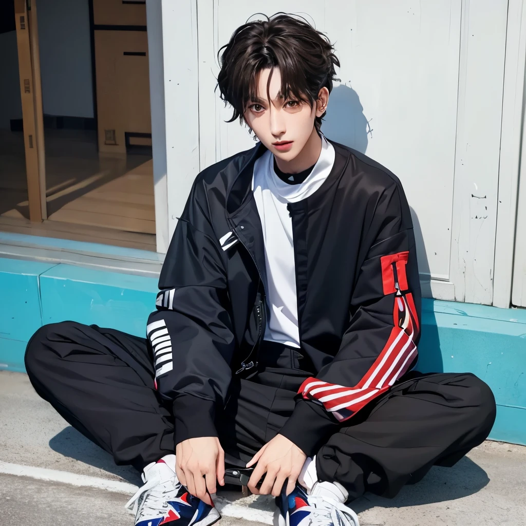 Arafad man sitting with his arms crossed on the floor, cai xukun, Paint Urzan, Kim Doyoung, casual streetwear, outlive streetwear collection, Korean male, street fashion, japanese streetwear, Handsome anime pose, jinyoung shin, Wearing Japanese tech clothing, casual clothing style, Hengtai, Inspired by Zhang Han, Wear a space tech costume