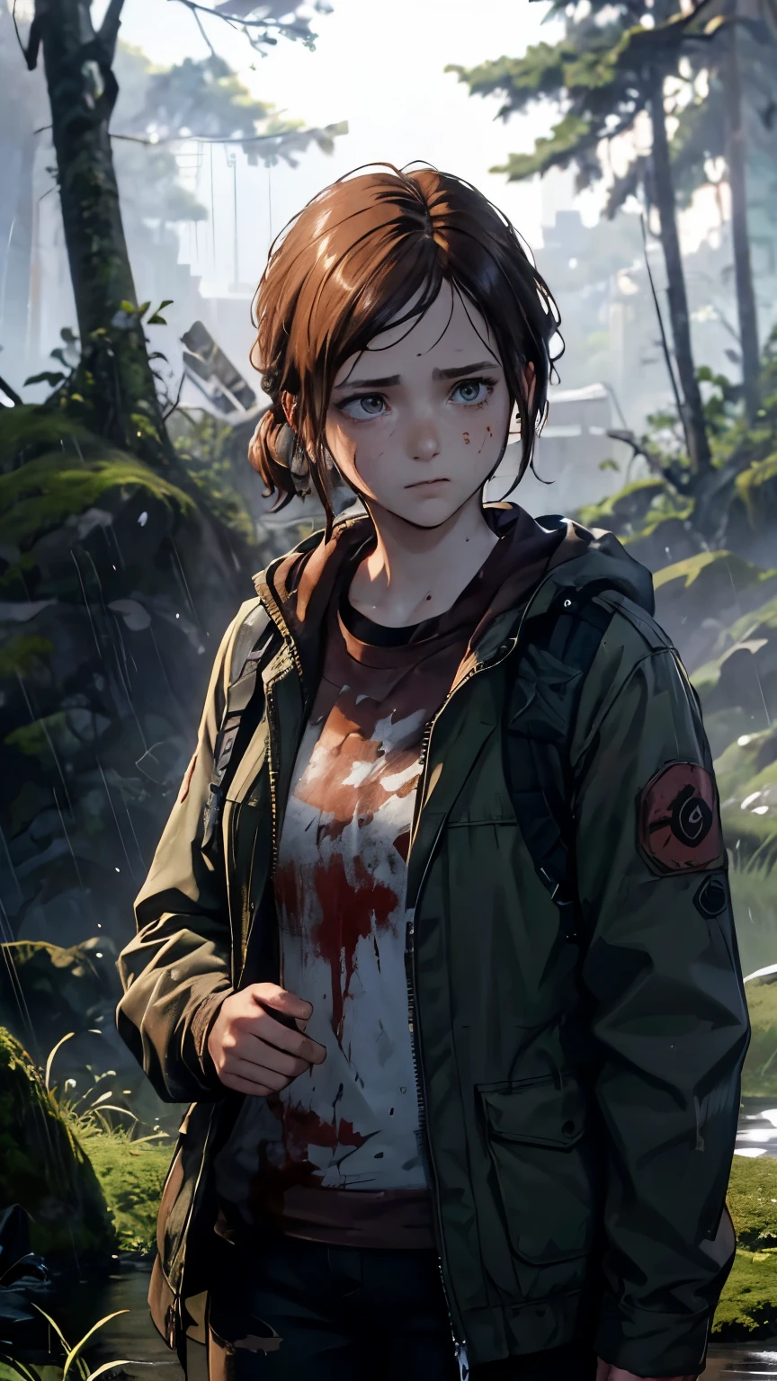 (masterpiece, best quality) tall woman, solo, medium short hair, messy hair, straight hair, brown hair, brown eyes, Ellie Williams, blood on clothes, standing, (Dirty gray coat, black torn pants), dirty backpack on the back, sad look, red cheeks, looking at viewer, 16k, camera on face, sharp focus, dramatic lighting, drop shadow, anime style, shine, digital illustration, anatomically correct, Pov, in the center of the image, wallpaper, HDR, Ray Traced Image, beautiful detailed face, beautiful detailed eyes, High Detail Skin, Visible Pores, sharp focus, Dense forest, tall grass, moss, cloudy, raining, focus on face, heavy rain, crying, blood on face