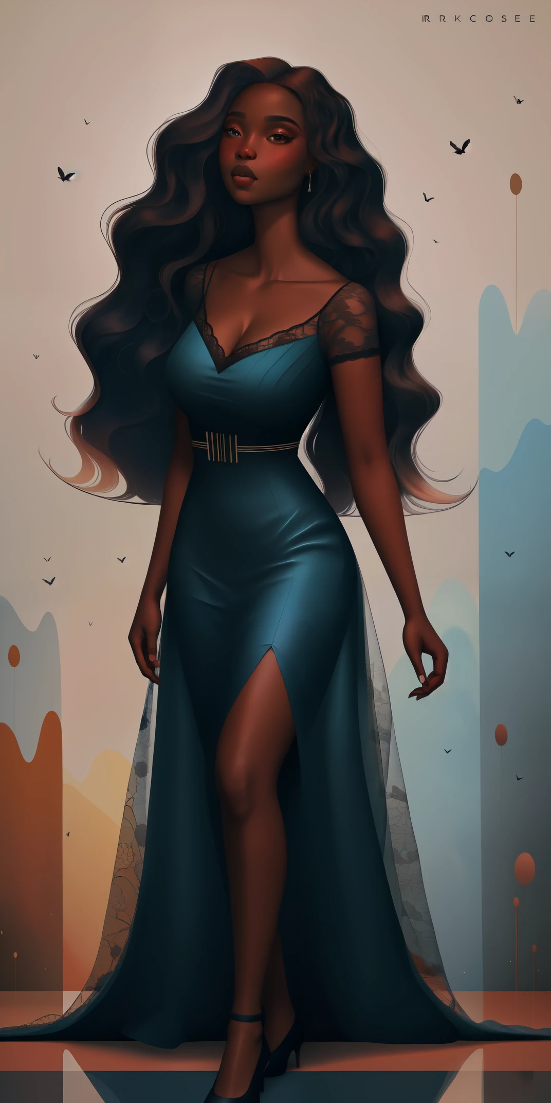 A Congolese black woman with rich dark brown skin, content expression, beautiful, 1woman, intricate detail, long wavy hair, beautiful fitted sheer black lace dress, black dress, abstract accents in the background