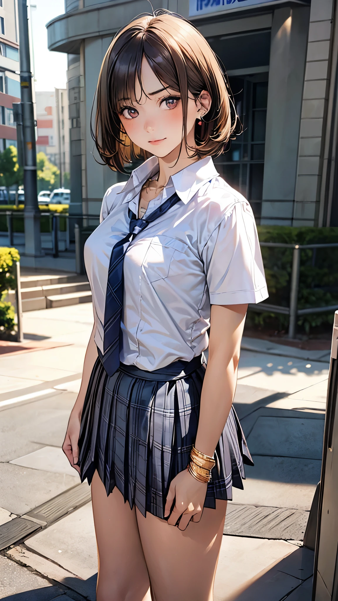 (masterpiece:1.2, top-quality), (realistic, photorealistic:1.4), beautiful illustration, (natural side lighting, movie lighting), 
looking at viewer, full body, 1 girl, japanese, high school girl, perfect face, cute and symmetrical face, suntan, shiny skin, 
(short hair:1.2, bob cut:1.2, brown hair), parted bangs, brown eyes, drooping eyes, long eye lasher, (large breasts:0.6), 
beautiful hair, beautiful face, beautiful detailed eyes, beautiful clavicle, beautiful body, beautiful chest, beautiful thigh, beautiful legs, beautiful fingers, 
((collared short sleeve shirt, white shirt, school uniform, grey plaid pleated skirt, navy tie), golden heart necklace, wrist chakra), light blue panties, 
(beautiful scenery), school, (liftting skirt, standing, open legs), (serious), 