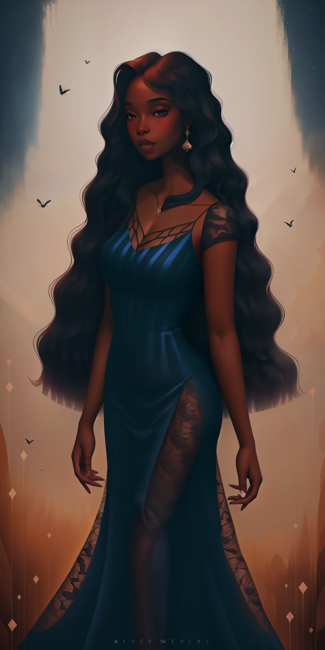 A Congolese black woman with rich dark brown skin, content expression, beautiful, 1woman, intricate detail, long wavy hair, beautiful fitted sheer black lace dress, black dress, abstract accents in the background 