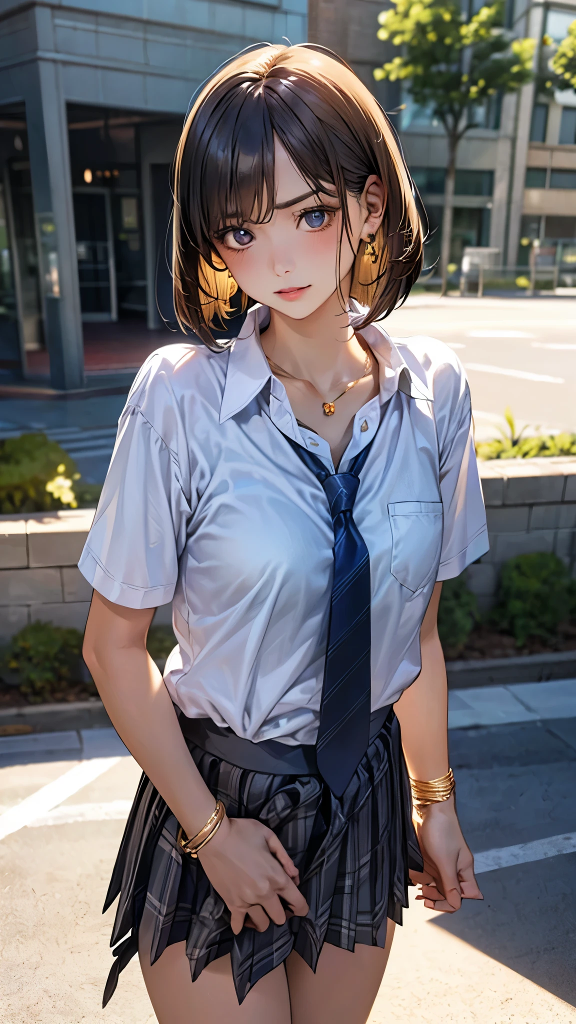 (masterpiece:1.2, top-quality), (realistic, photorealistic:1.4), beautiful illustration, (natural side lighting, movie lighting),
looking at viewer, full body, 1 girl, japanese, high school girl, perfect face, cute and symmetrical face, suntan, shiny skin,
(short hair:1.2, bob cut:1.2, brown hair), parted bangs, brown eyes, drooping eyes, long eye lasher, (large breasts:0.6),
beautiful hair, beautiful face, beautiful detailed eyes, beautiful clavicle, beautiful body, beautiful chest, beautiful thigh, beautiful legs, beautiful fingers,
((collared short sleeve shirt, white shirt, school uniform, grey plaid pleated skirt, navy tie), golden heart necklace, wrist chakra), light blue panties,
(beautiful scenery), school, (liftting skirt, standing, open legs), (serious),