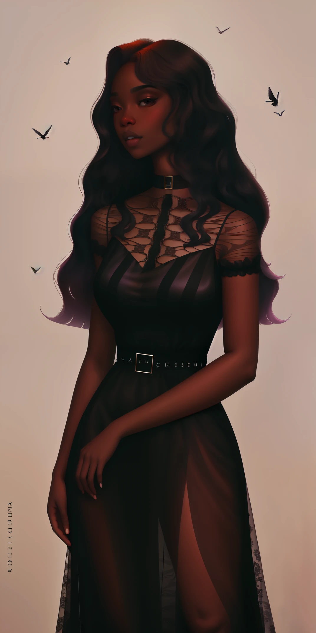 A Congolese black woman with rich dark brown skin, content expression, beautiful, 1woman, intricate detail, long wavy hair, beautiful fitted sheer black lace dress, black dress, abstract accents in the background 