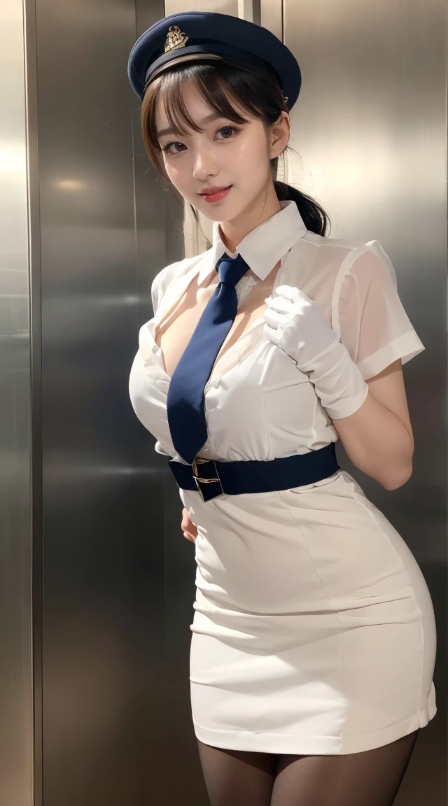 (((full body,including legs)))、(((perfect uniform of Japanese elevator girl, blue striped necktie, vest-dress uniform、small elegant hat, white formal short gloves,(high-heel), ((lift up one hand))),日本のエレベーターガール、little smile,white blouse,tight blouse)))、(((navy bowler hat),navy hat)), white gloves, short gloves, high heel、Dressed up、(Photo real:1.4)、(A hyper-realistic:1.4)、(Photorealistic:1.3)、 (gentle lighting: 1.05)、(Improve the lighting quality of your video:0.9)、32k、 1Girl、28years old girl、photorealistic lighting、Back lighting、Facial Lights、Ray Trace、(bright:1.2)、(Increase quality:1.4)、 (best quality real texture skin)、Fair eyes,Delicate and delicate face, Close-up of the breasts, white blouse,tight blouse,tight vest-dress uniform, (Bodyline mood improvement:1.1)、good figure,Glossy skin、wavy hair,blonde hair,韓国アイドル、乃木坂アイドル、Sculptural Idol Pose、little smile,blush,Beautiful actress、Neat woman,whole body, (((midium breasts,beautiful breasts))),(perfect row of teeth),slender waist and hip,beautiful long legs,full shot)、((8heads tall)、(((誘惑している、恥ずかしい)))、dynamic pose,gravure pose,(eye shadow),((red cheek、red lips)),Super Clean Night View、night time、blush,little smile,(((full shot)))、(((in the luxury elevator))),