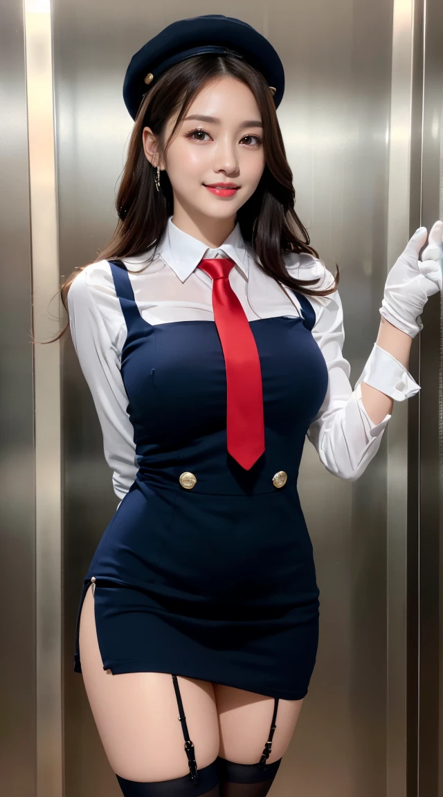 (((full body,including legs)))、(((perfect uniform of Japanese elevator girl, blue striped necktie, vest-dress uniform、small elegant hat, white formal short gloves,(high-heel), ((lift up one hand))),日本のエレベーターガール、little smile,white blouse,tight blouse)))、(((navy bowler hat),navy hat)), white gloves, short gloves, high heel、Dressed up、(Photo real:1.4)、(A hyper-realistic:1.4)、(Photorealistic:1.3)、 (gentle lighting: 1.05)、(Improve the lighting quality of your video:0.9)、32k、 1Girl、28years old girl、photorealistic lighting、Back lighting、Facial Lights、Ray Trace、(bright:1.2)、(Increase quality:1.4)、 (best quality real texture skin)、Fair eyes,Delicate and delicate face, Close-up of the breasts, white blouse,tight blouse,tight vest-dress uniform, (Bodyline mood improvement:1.1)、good figure,Glossy skin、wavy hair,blonde hair,韓国アイドル、乃木坂アイドル、Sculptural Idol Pose、little smile,blush,Beautiful actress、Neat woman,whole body, (((midium breasts,beautiful breasts))),(perfect row of teeth),slender waist and hip,beautiful long legs,full shot)、((8heads tall)、(((誘惑している、恥ずかしい)))、dynamic pose,gravure pose,(eye shadow),((red cheek、red lips)),Super Clean Night View、night time、blush,little smile,(((full shot)))、(((in the luxury elevator))),