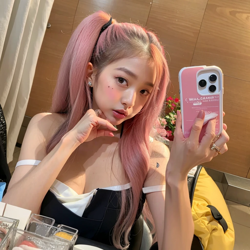 there is wonyoung from IVE con cabello rosado taking a selfie in front of a mirror, con cabello rosado, Cabello rosado y ojos cian., bella wonyoung pelo liso rosa, el corte de hime, chica de ojos grandes y labios esponjosos , ulzzang, pelo largo y rosa que fluye, pelo largo con flequillo completo, pelo largo y rosa, peinado kawaii