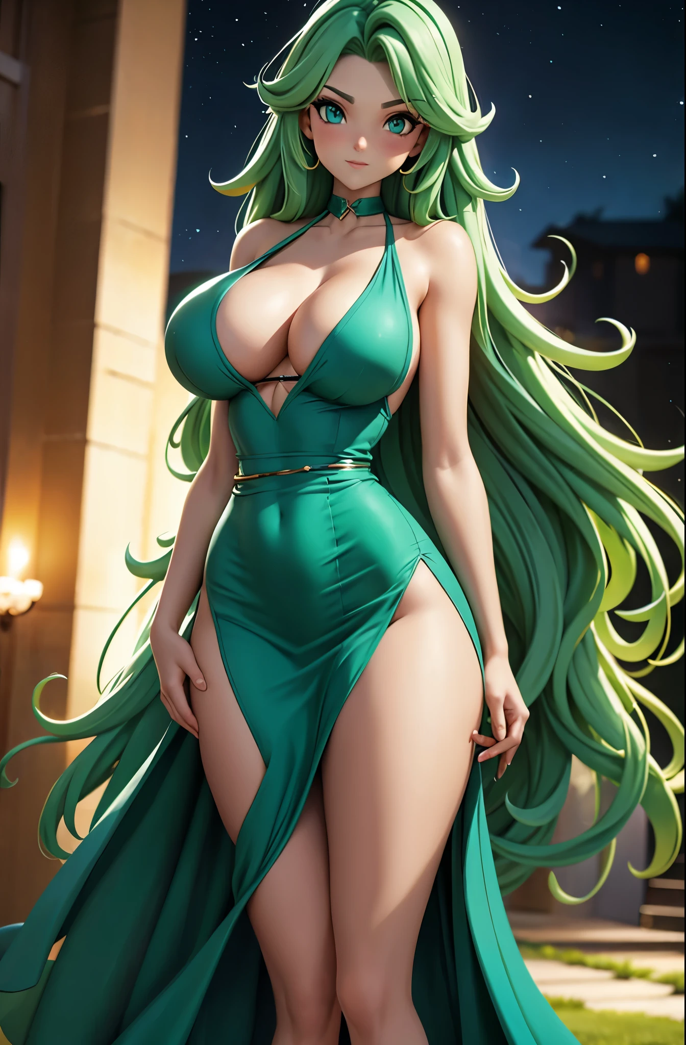 Stable Diffusion prompt: tall silhouette, long wavy green hair, blue eyes, slim and athletic build, elegant green dress, emphasis on bust, emphasis on hips and buttocks, full body, night garden background, dark lighting, high-resolution, ultra-detailed, realistic, vibrant colors, bokeh lighting