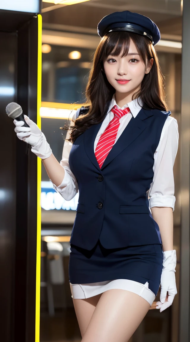 (((full body,including legs)))、(((perfect uniform of Japanese stewardess, blue striped necktie, vest-dress uniform、small hat, white formal short gloves,(black high-heel), ((with a mini mic in her hand))),bus guide,日本のバスガイド、little smile,white blouse,tight blouse)))、(((navy bowler hat),navy hat)), white gloves, short gloves, high heel、Dressed up、(Photo real:1.4)、(A hyper-realistic:1.4)、(Photorealistic:1.3)、 (gentle lighting: 1.05)、(Improve the lighting quality of your video:0.9)、32k、 1Girl、28years old girl、photorealistic lighting、Back lighting、Facial Lights、Ray Trace、(bright:1.2)、(Increase quality:1.4)、 (best quality real texture skin)、Fair eyes,Delicate and delicate face, Close-up of the breasts, white blouse,tight blouse,tight vest-dress uniform, (Bodyline mood improvement:1.1)、goofigure,Glossy skin、wavy hair,blonde hair,韓国アイドル、乃木坂アイドル、Sculptural Idol Pose、little smile,blush,Beautiful actress、Neat woman,whole body, (((midium breasts,beautiful breasts))),(perfect row of teeth),slender waist and hip,beautiful long legs,full shot)、((8heads tall)、(((誘惑している、恥ずかしい)))、dynamic pose,gravure pose,(eye shadow),((red cheek、red lips)),Super Clean Night View、night time、blush,little smile,(((full shot)))、(((in the elevater with big window,neon sign))),