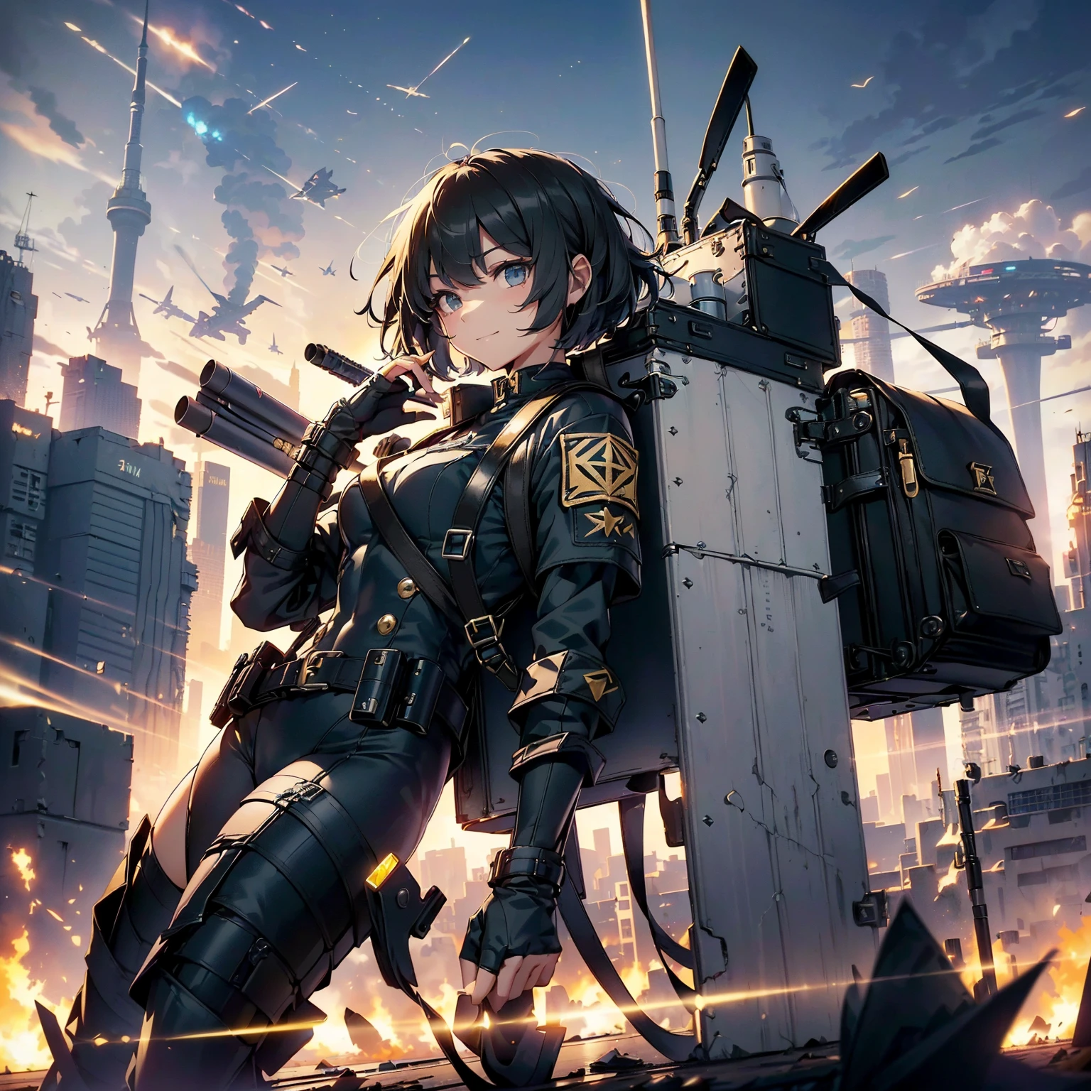 (highest quality,T Masterpiece,final solution,whole body):(Fluffy,24 year old female fighter,Slender、small face、Black Super Short Hair、Shiny dark navy blue and black tight combat uniform,tight suit,dynamic angle、dynamic action、(dynamic pose:1.2)、normal posture,normal posture、Gentle smile、Backpack)、(Time Machine、Computer、skyscraper gun、weapons of the future、(Backpack:1.1)、Real World、Plankton rattle field、volumetric fog、gray fog、cigarette、 explosion、apocalyptic、destroyed city background、burning building:1.3、splash of water、starry ski、huge moon、Earth、destroyed giant robot、radio tower、airplane flying overhead、shooting star rocket truck、broken car、derailed train、tank、giant weapon、electronic equipment、Luminous mechanism)