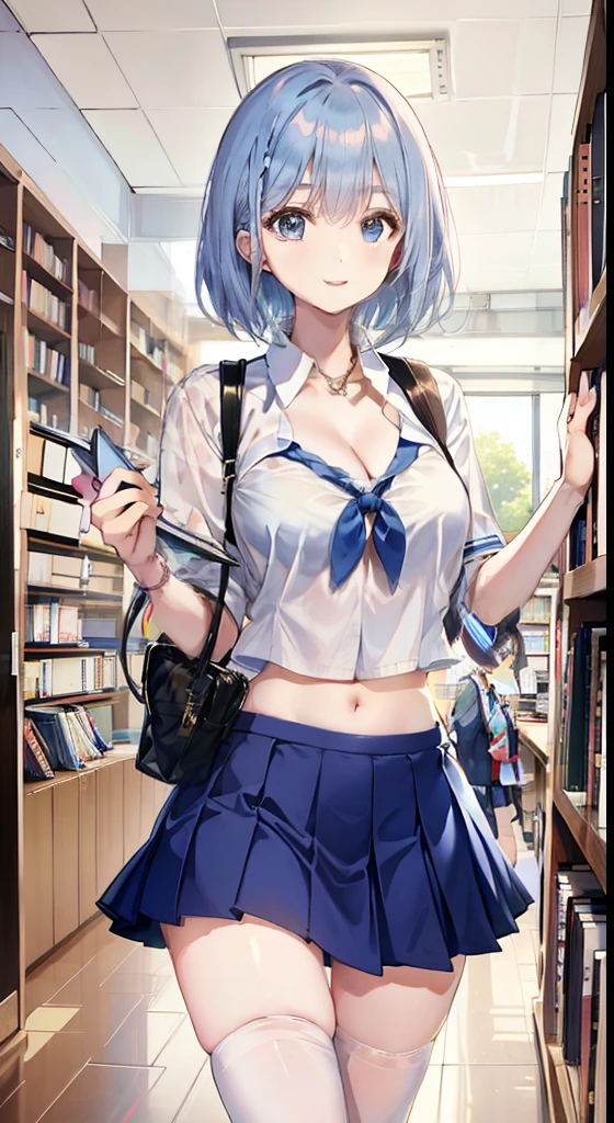 nakano nino, short hair, medium breast, slim legs, happy, cleavage, short skirt, navel, blue eyes, school uniform, thigh high socks, standing, library, 