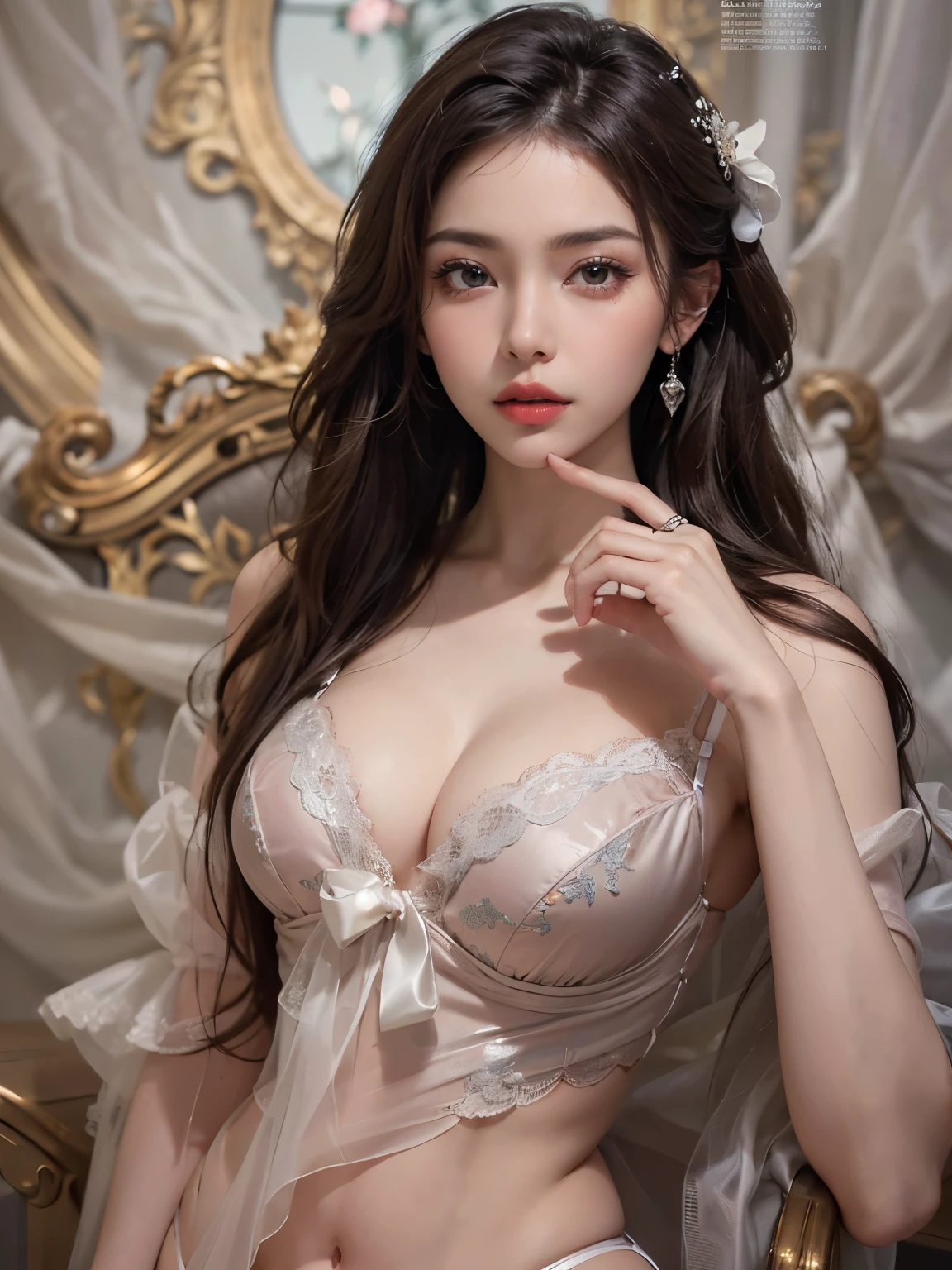 (best quality color photo of a mysterious beautiful woman in luxury lingerie on a fashion magazine cover, haute couture fashion shoot:1.2),(An extremely delicate and beautiful work:1.2), elegant pose, glamorous fashion pose, (the divine light) simple background, art nouveau, focus on art nouveau suit, luxury fashion,(she is the embodiment of beauty and allure, asian beauty, asian actress), (very delicate lace lingerie, sexy lingerie, elegant and sophisticated fashion, her flowing hair cascades gracefully, perfectly complemented by tasteful and elegant makeup:1.2), black hair, detailed face, looking at viewer, detailed eyes, black eyes, lustrous lips ,cleavage, (large breasts, nipple ,camel toe:1.1), skinny physique, beautiful figure, Perfect female body, (large breasts), Gentle and enigmatic expression, High color saturation, surrealism , (best quality, masterpiece, ultra detailed, ultra high res, photorealistic, raw photo, absurdres, absolutely resolution:1.4),