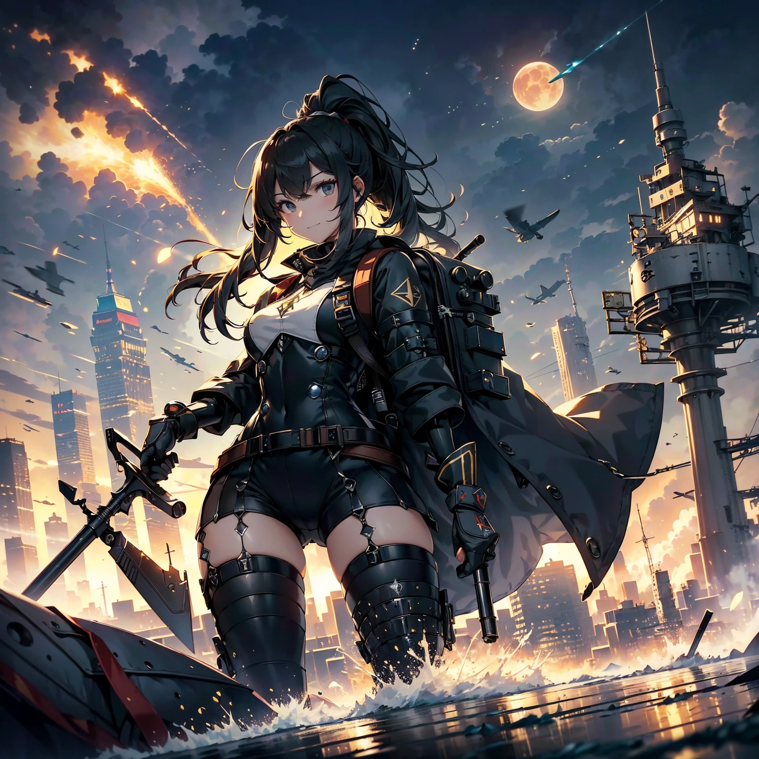 (highest quality,T Masterpiece,final solution,whole body):(Fluffy,24 year old female fighter,Slender、small face、high knot ponytail、Shiny black tight combat uniform,tight suit,dynamic angle、dynamic action、(dynamic pose:1.2)、normal posture,normal posture、Gentle smile、Backpack)、(Time Machine、Computer、skyscraper gun、weapons of the future、(Backpack:1.1)、Real World、Plankton rattle field、volumetric fog、gray fog、cigarette、 explosion、apocalyptic、destroyed city background、burning building:1.3、splash of water、starry ski、huge moon、Earth、destroyed giant robot、radio tower、airplane flying overhead、shooting star rocket truck、broken car、derailed train、tank、giant weapon、electronic equipment、Luminous mechanism)