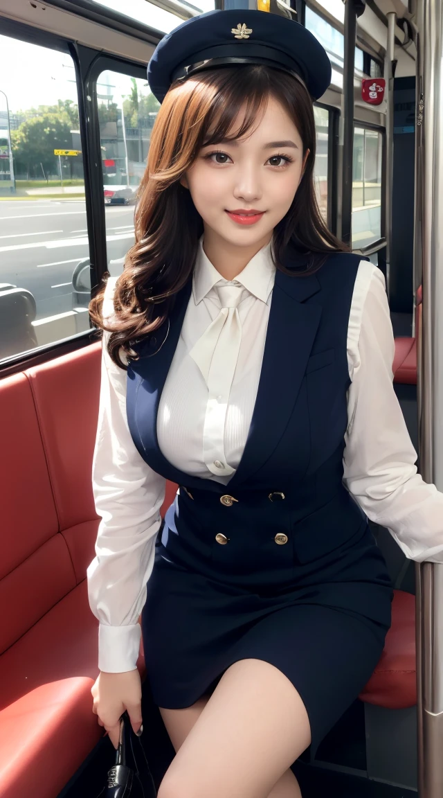 (((full shot)))、(((inside of the huge elevator、very wide elevator,The elevator interior in the background is luxurious, with mirrors and polished wood, and the lighting is soft and warm)))、(((full body,including legs)))、(((uniform of Japanese eletator operator, necktie, vest-dress uniform、small hat, white formal short gloves,(black high-heel), elavator operator,little smile,white blouse,tight blouse)))、((navy bowler hat)), white gloves, short gloves, high heel、Dressed up、(Photo real:1.4)、(A hyper-realistic:1.4)、(Photorealistic:1.3)、 (gentle lighting: 1.05)、(Improve the lighting quality of your video:0.9)、32k、 1Girl、28years old girl、photorealistic lighting、Back lighting、Facial Lights、Ray Trace、(bright:1.2)、(Increase quality:1.4)、 (best quality real texture skin)、Fair eyes,Delicate and delicate face, Close-up of the breasts, white blouse,tight blouse,tight vest-dress uniform, (Bodyline mood improvement:1.1)、good figure,Glossy skin、wavy hair,blonde hair,韓国アイドル、乃木坂アイドル、Sculptural Idol Pose、little smile,blush,Beautiful actress、(((midium breasts,beautiful breasts))),(perfect row of teeth),slender waist and hip,beautiful long legs,full shot)、((8heads tall)、(((誘惑している、恥ずかしい)))、dynamic pose,gravure pose,(((lift up one hand))),(eye shadow),((red cheek、red lips)),blush,little smile,(((full shot)))、(((inside of the huge elevator、very wide elevator,The elevator interior in the background is luxurious, with mirrors and polished wood, and the lighting is soft and warm))),