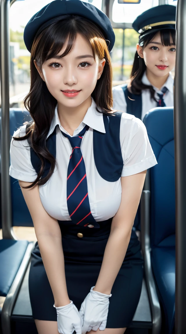 (((full body,including legs)))、(((perfect uniform of Japanese stewardess, blue striped necktie, vest-dress uniform、small hat, white formal short gloves,(black high-heel),  ((with a mini mic in her hand))),bus guide,日本のバスガイド、little smile,white blouse,tight blouse)))、(((navy bowler hat),navy hat)), white gloves, short gloves,  high heel、Dressed up、(Photo real:1.4)、(A hyper-realistic:1.4)、(Photorealistic:1.3)、 (gentle lighting: 1.05)、(Improve the lighting quality of your video:0.9)、32k、 1Girl、28years old girl、photorealistic lighting、Back lighting、Facial Lights、Ray Trace、(bright:1.2)、(Increase quality:1.4)、 (best quality real texture skin)、Fair eyes,Delicate and delicate face, Close-up of the breasts, white blouse,tight blouse,tight vest-dress uniform, (Bodyline mood improvement:1.1)、goofigure,Glossy skin、wavy hair,blonde hair,韓国アイドル、乃木坂アイドル、Sculptural Idol Pose、little smile,blush,Beautiful actress、Neat woman,whole body, (((midium breasts,beautiful breasts))),(perfect row of teeth),slender waist and hip,beautiful long legs,full shot)、((8heads tall)、(((誘惑している、恥ずかしい)))、dynamic pose,gravure pose,(eye shadow),((red cheek、red lips)),Super Clean Night View、night time、blush,little smile,(((full shot)))、(((in the bus))),