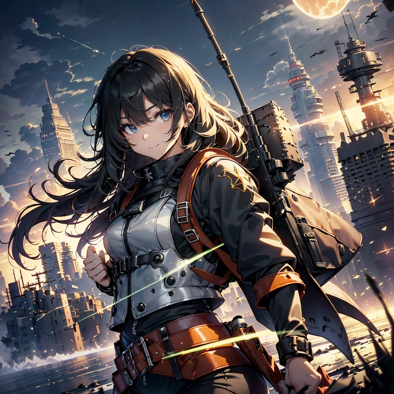 (highest quality,T Masterpiece,final solution,whole body):(Fluffy,24 year old female fighter,Slender、small face、Black Super Short Hair、Shiny black tight combat uniform,tight suit,dynamic angle、dynamic action、(dynamic pose:1.2)、normal posture,normal posture、Gentle smile、Backpack)、(Time Machine、Computer、skyscraper gun、weapons of the future、(Backpack:1.1)、Real World、Plankton rattle field、volumetric fog、gray fog、cigarette、 explosion、apocalyptic、destroyed city background、burning building:1.3、splash of water、starry ski、huge moon、Earth、destroyed giant robot、radio tower、airplane flying overhead、shooting star rocket truck、broken car、derailed train、tank、giant weapon、electronic equipment、Luminous mechanism)