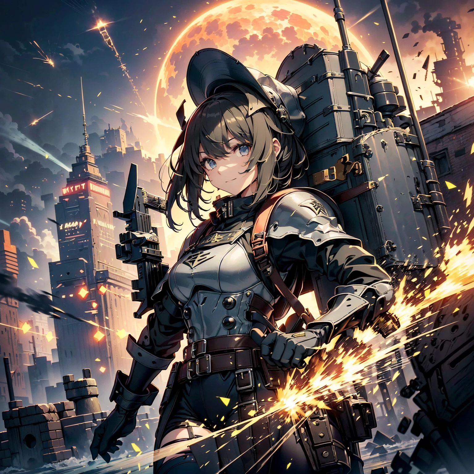 (highest quality,T Masterpiece,final solution,whole body):(Fluffy,24 year old female fighter,Slender、small face、Black Super Short Hair、Shiny black tight combat uniform,tight suit,dynamic angle、dynamic action、(dynamic pose:1.2)、normal posture,normal posture、Gentle smile、Backpack)、(Time Machine、Computer、skyscraper gun、weapons of the future、(Backpack:1.1)、Real World、Plankton rattle field、volumetric fog、gray fog、cigarette、 explosion、apocalyptic、destroyed city background、burning building:1.3、splash of water、starry ski、huge moon、Earth、destroyed giant robot、radio tower、airplane flying overhead、shooting star rocket truck、broken car、derailed train、tank、giant weapon、electronic equipment、Luminous mechanism)