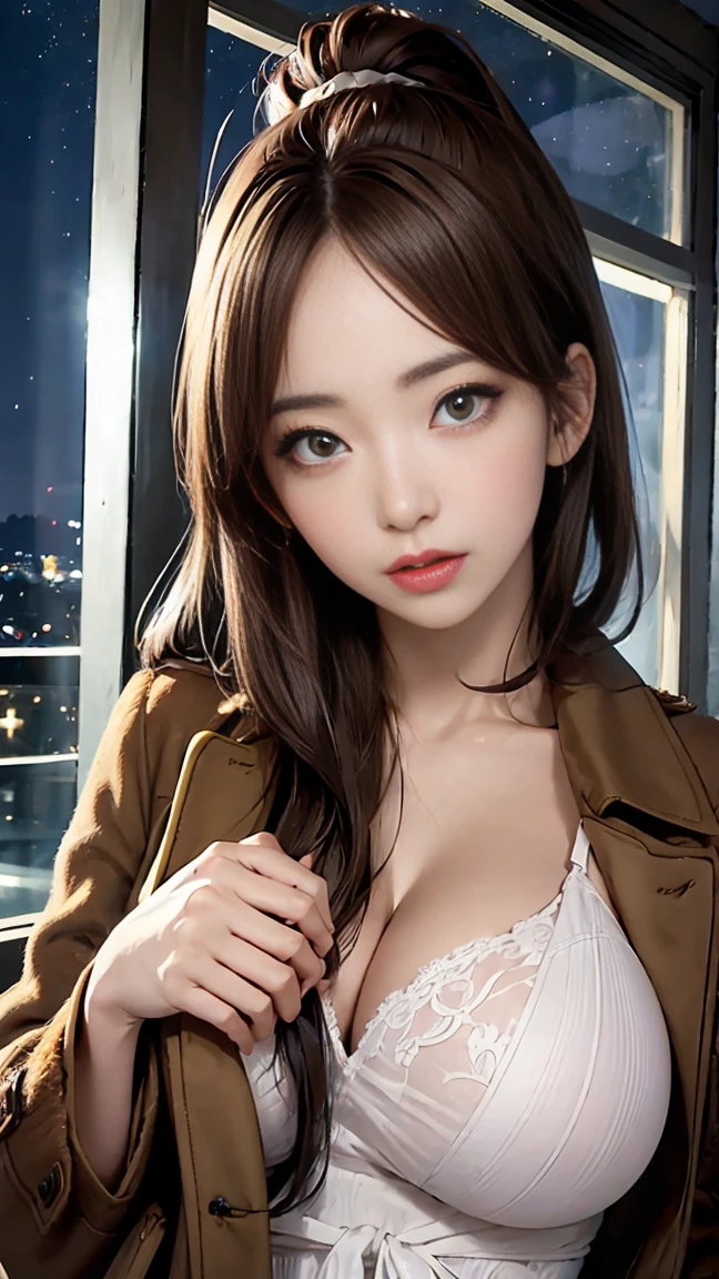 winter in japan, woman1people々, (black hair ponytail), She has beautiful sparkling purple eye color, ((curvaceous body, D cup breasts, big ass)), ((brown skin:1.8)), masterpiece, highest quality,(realistic: 1.4),ultra high resolution, unity 8k, (fine and beautiful eyes:1.6),symmetry, highly detailed face, perfect lighting, (perfect hands, perfect anatomy), ((night park:1.4)), ((gown coat:1.3))