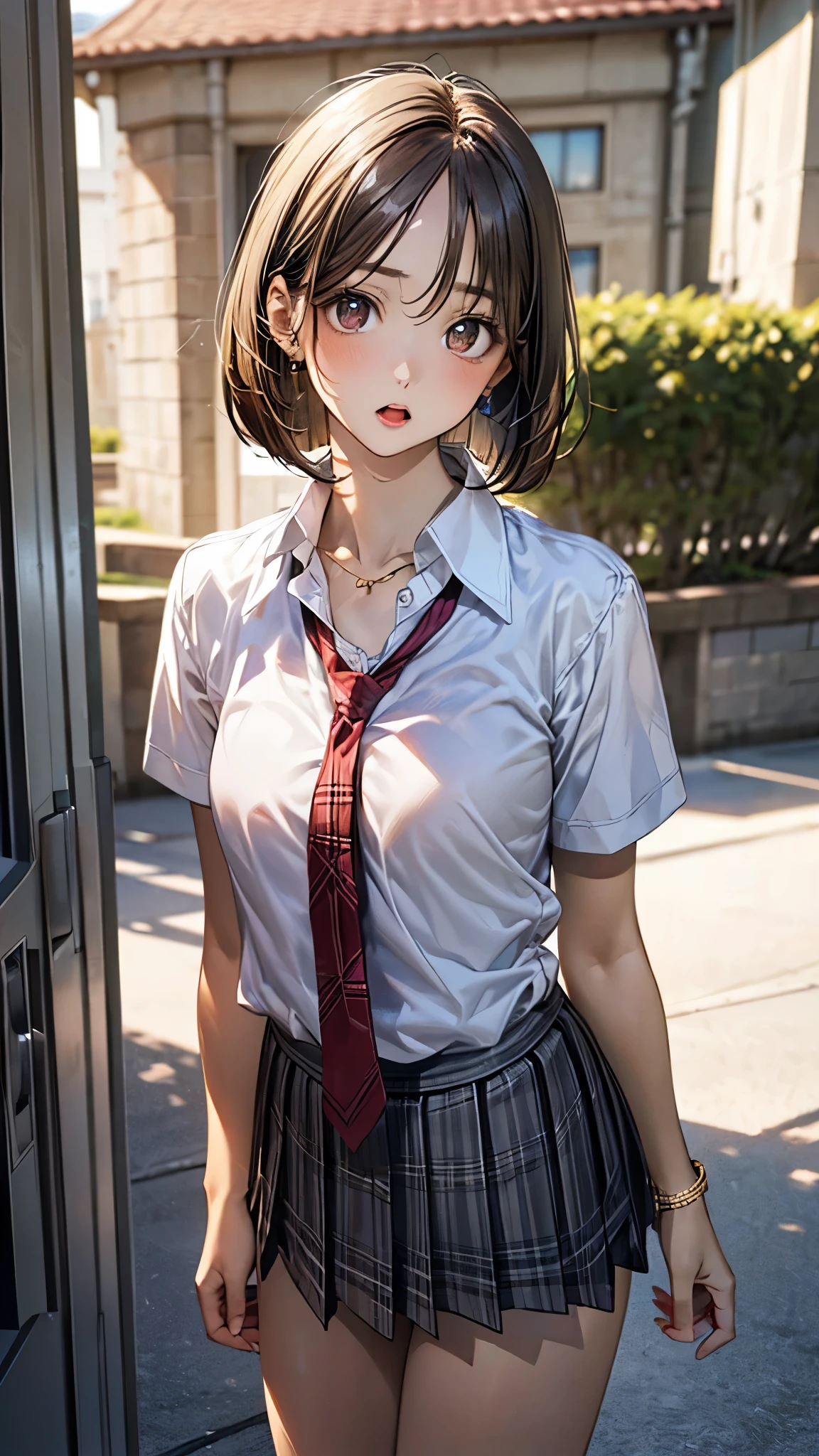 (masterpiece:1.2, top-quality), (realistic, photorealistic:1.4), beautiful illustration, (natural side lighting, movie lighting),
looking at viewer, full body, 1 girl, japanese, high school girl, perfect face, cute and symmetrical face, suntan, shiny skin,
(short hair:1.2, bob cut:1.2, brown hair), parted bangs, brown eyes, drooping eyes, long eye lasher, (large breasts:0.6),
beautiful hair, beautiful face, beautiful detailed eyes, beautiful clavicle, beautiful body, beautiful chest, beautiful thigh, beautiful legs, beautiful fingers,
((collared short sleeve shirt, white shirt, school uniform, grey plaid pleated skirt, red tie), golden heart necklace, wrist chakra), light blue panties,
(beautiful scenery), school, (liftting skirt, standing, open legs), (anguish),