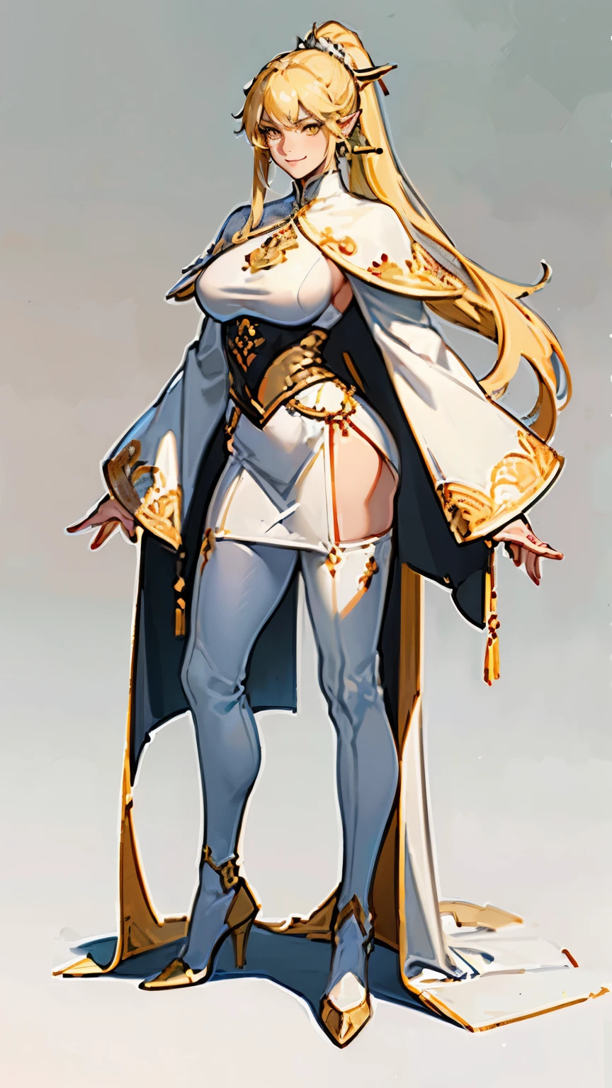 ((masterpiece,best quality,8k,highres)),((character concept art)), 1 female, middle- adult female, female pope, 210 cm height, long hair, ponytail, asymmetrical hair bangs, (blonde hair colour), ultra finely detailed eyes ((yellow eyes colour)), extraordinary gorgeous, charming, smirk smile, (pointed ears), shapely breasts, hourglass body shape ((muscular)), ((intricate detail)), super finely detailed hands, ultra finely detailed fingers(((ten fingers))), full pope outfit (white outfit colour), royal white big cloak, high mitra hat, earrings, (standing still), (full body showcase), (show full body), (no logos on background), (no logo), ((plain background)), ((plain background)), (((empty background))) 