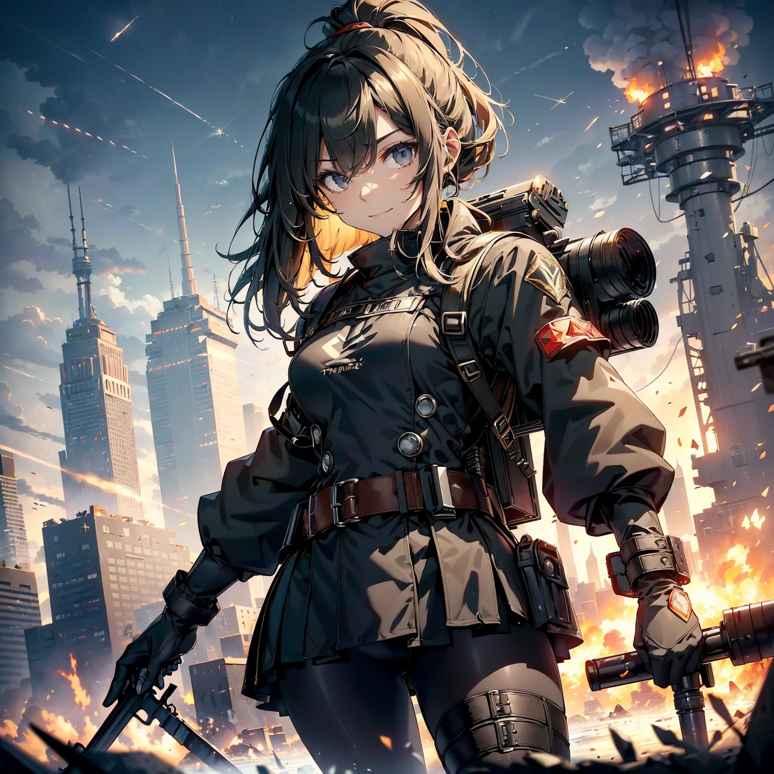 (highest quality,T Masterpiece,final solution,whole body):(24 year old female fighter,Slender、small face、high knot ponytail、Shiny black tight combat uniform,tight suit,dynamic angle、dynamic action、(dynamic pose:1.2)、normal posture,normal posture、Gentle smile、Backpack)、(Time Machine、Computer、skyscraper gun、weapons of the future、(Backpack:1.1)、Real World、Plankton rattle field、volumetric fog、gray fog、cigarette、 explosion、apocalyptic、destroyed city background、burning building:1.3、splash of water、starry ski、huge moon、Earth、destroyed giant robot、radio tower、airplane flying overhead、shooting star rocket truck、broken car、derailed train、tank、giant weapon、electronic equipment、Luminous mechanism)