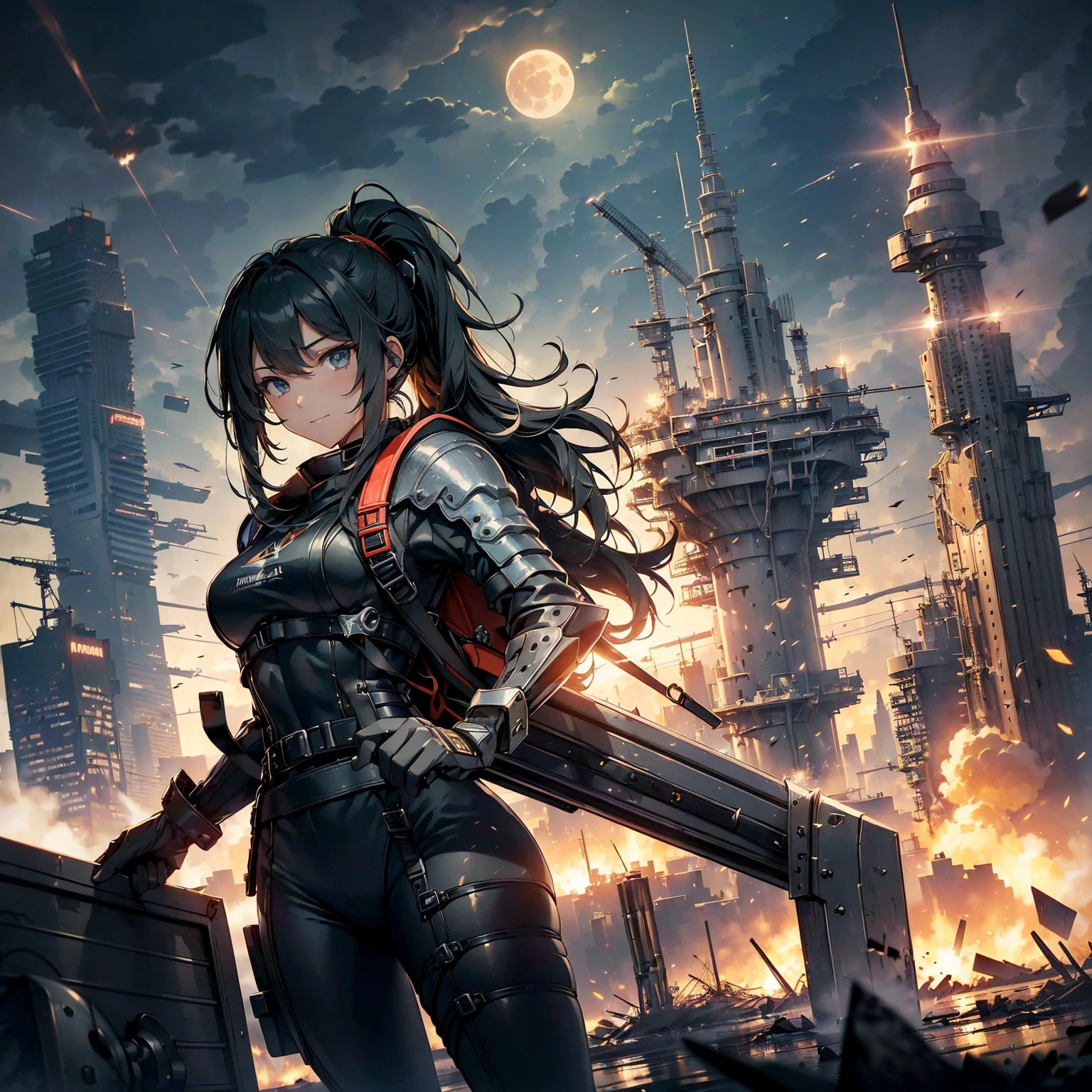 (highest quality,T Masterpiece,final solution,whole body):(24 year old female fighter,Slender、small face、high knot ponytail、Shiny black tight combat uniform,tight suit,dynamic angle、dynamic action、(dynamic pose:1.2)、normal posture,normal posture、Gentle smile、Backpack)、(Time Machine、Computer、skyscraper gun、weapons of the future、(Backpack:1.1)、Real World、Plankton rattle field、volumetric fog、gray fog、cigarette、 explosion、apocalyptic、destroyed city background、burning building:1.3、splash of water、starry ski、huge moon、Earth、destroyed giant robot、radio tower、airplane flying overhead、shooting star rocket truck、broken car、derailed train、tank、giant weapon、electronic equipment、Luminous mechanism)