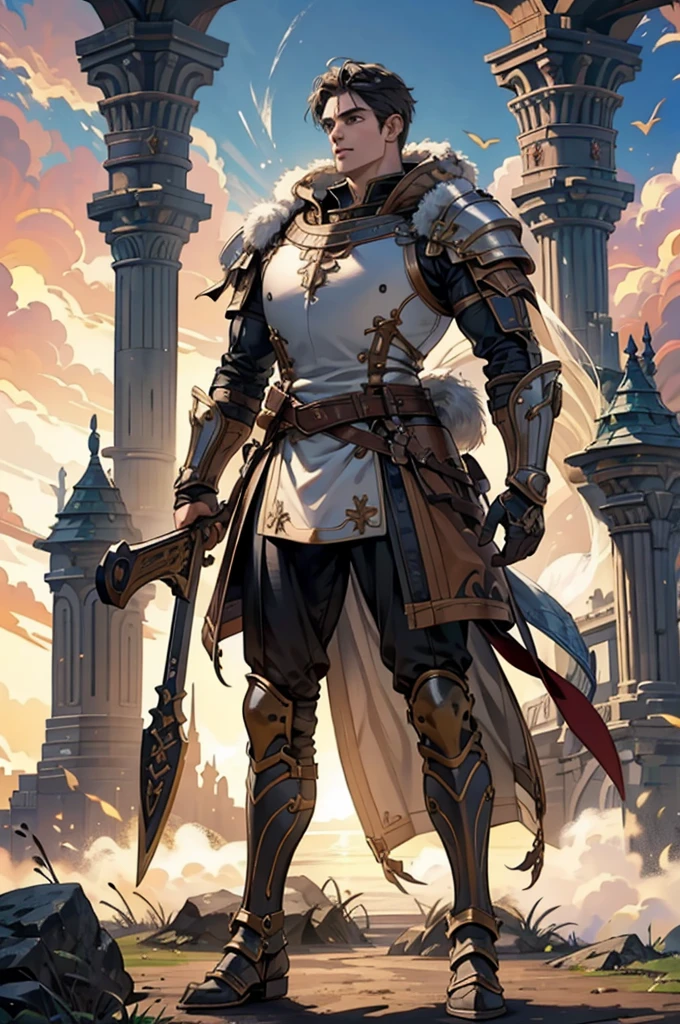 Game character standing drawing design，Disney animation，style of disney animation，an heavyknight，Quaint and heavy armor，Fur shoulders，Stout limbs，Muscle explosions，Equipped with huge riding guns，Different layers overlay，Different angles，（Left view full body：1.4），solid color backdrop，clean backdrop，depth of fields，high light，Real light，Ray traching，OC renderer，UE5 renderer，Hyper-realistic，best qualtiy，8K，Works of masters，super-fine，Detailed pubic hair，Correct anatomy，