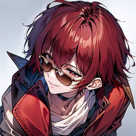 um homem de cabelo vermelho, smiling with sunglasses on top of head, usando uma jaqueta roxa