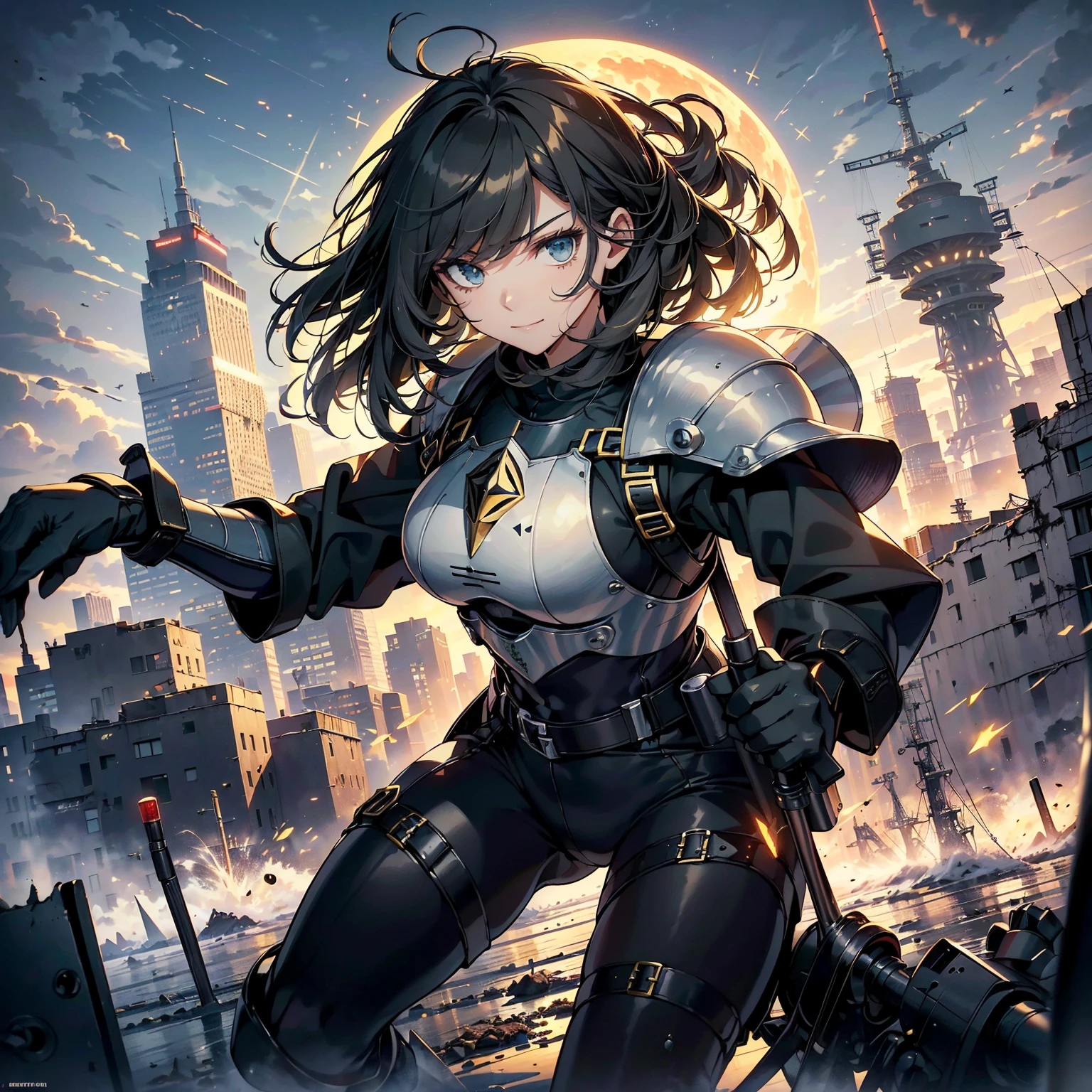 rainy night view, half moon, clouds, holding, glowing, building, glowing_eyes, mech, science_fiction, city, real, mech, fighter, strafing, attack, big explosion, mankind's strongest weapon, armored armor, hero, legendary soldier, female soldier, big chest