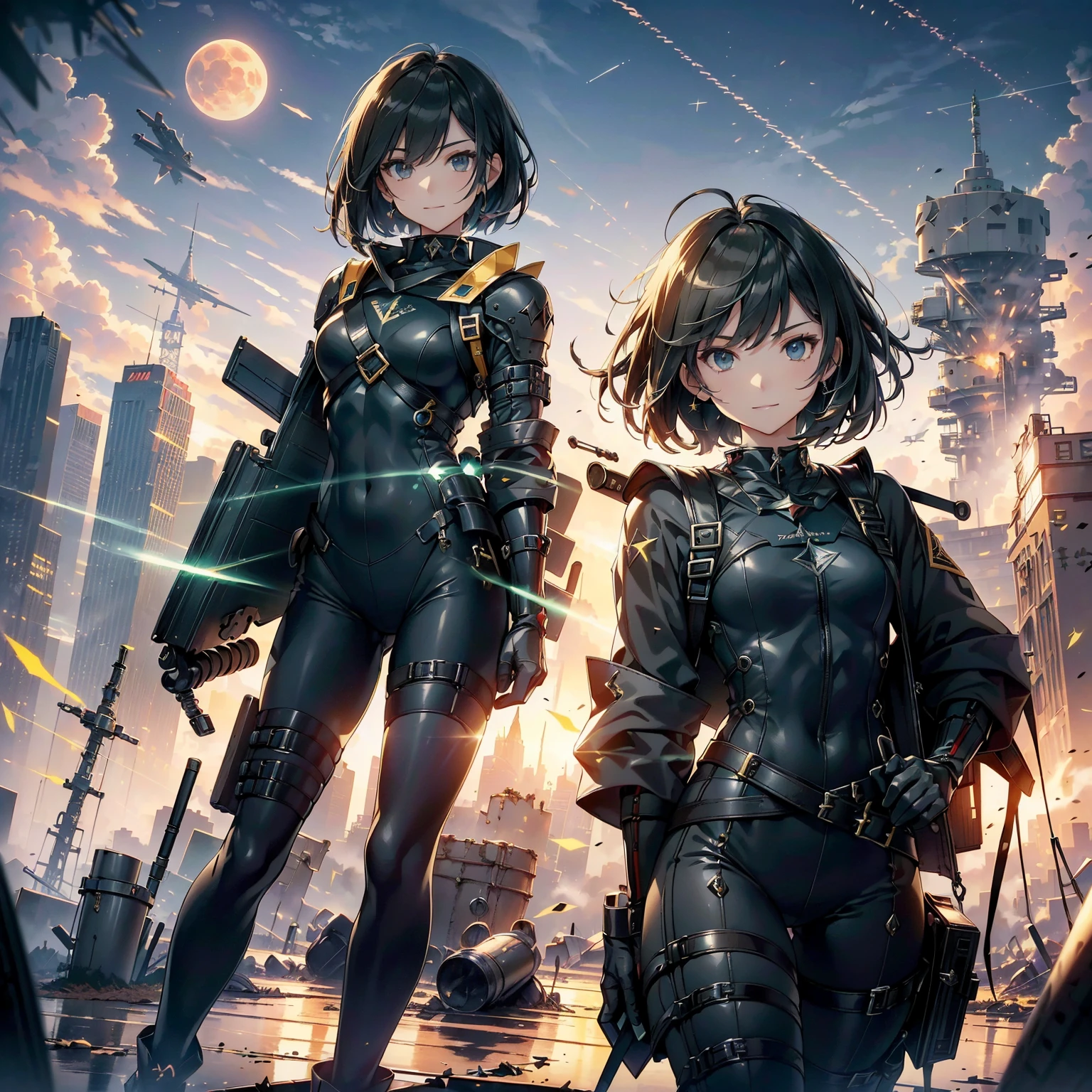 (highest quality,T Masterpiece,final solution,whole body):(24 year old female fighter,Slender、small face、Black Super Short Hair、Shiny black tight combat uniform,tight suit,dynamic angle、dynamic action、(dynamic pose:1.2)、normal posture,normal posture、Gentle smile、Backpack)、(Time Machine、Computer、skyscraper gun、weapons of the future、(Backpack:1.1)、Real World、Plankton rattle field、volumetric fog、gray fog、cigarette、 explosion、apocalyptic、destroyed city background、burning building:1.3、splash of water、starry ski、huge moon、Earth、destroyed giant robot、radio tower、airplane flying overhead、shooting star rocket truck、broken car、derailed train、tank、giant weapon、electronic equipment、Luminous mechanism)