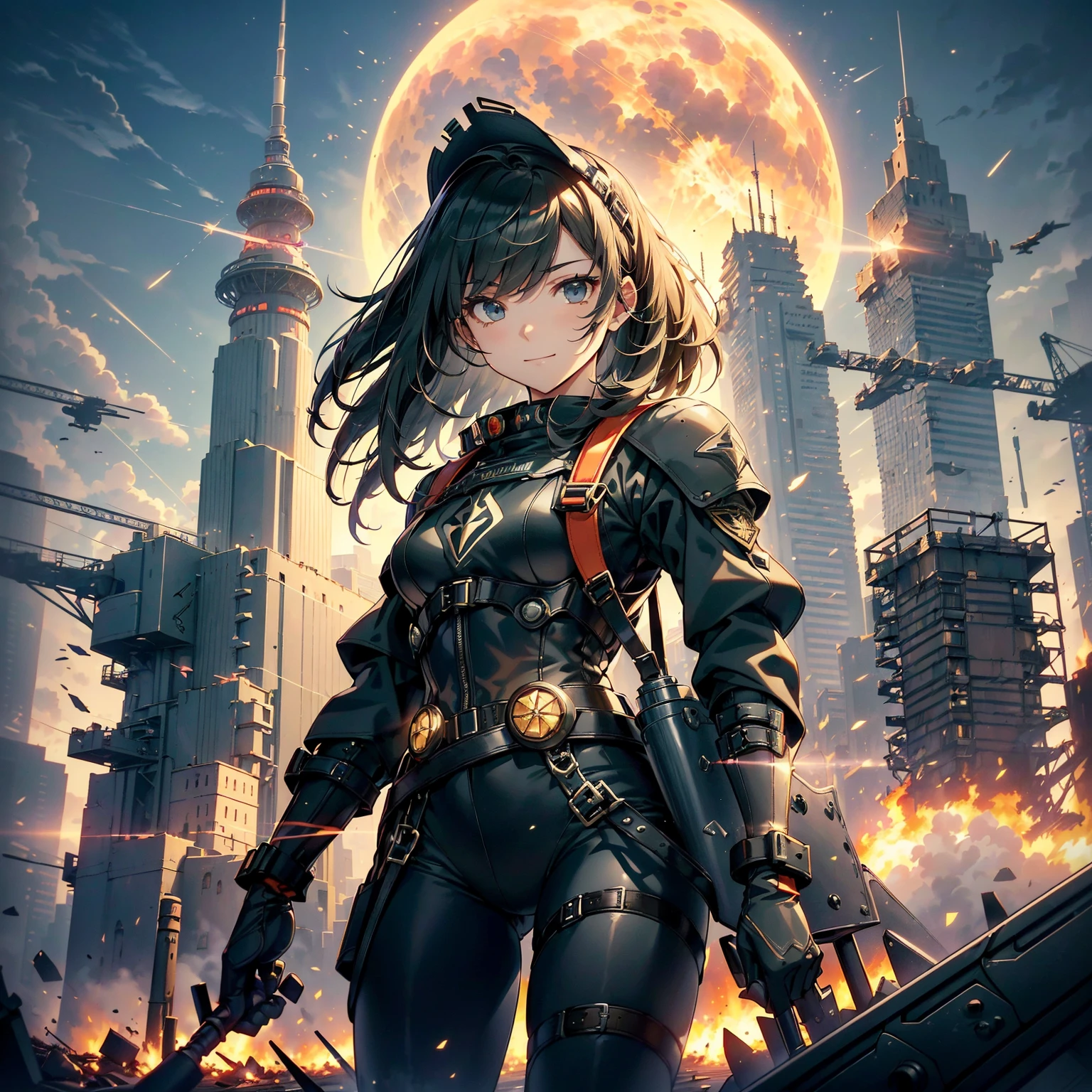 (highest quality，T Masterpiece，final solution，whole body):(24 year old female fighter，Slender、small face、Black Super Short Hair、Shiny black tight combat uniform，tight suit，dynamic angle、dynamic action、(dynamic pose:1.2)、normal posture，normal posture、Gentle smile、Backpack)、(Time Machine、Computer、skyscraper gun、weapons of the future、(Backpack:1.1)、Real World、Plankton rattle field、volumetric fog、gray fog、cigarette、 explosion、apocalyptic、destroyed city background、burning building:1.3、splash of water、starry ski、huge moon、Earth、destroyed giant robot、radio tower、airplane flying overhead、shooting star rocket truck、broken car、derailed train、tank、giant weapon、electronic equipment、Luminous mechanism)