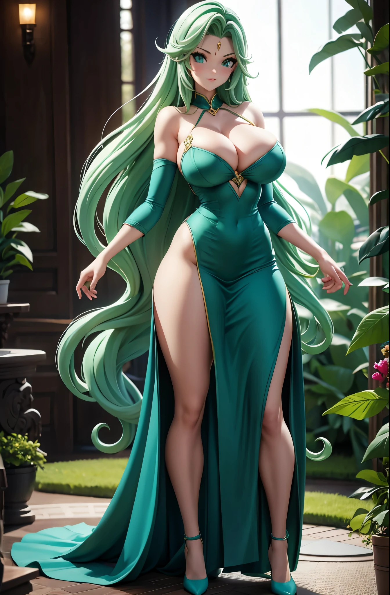 Stable Diffusion prompt: tall silhouette, long wavy green hair, blue eyes, slim and athletic build, elegant green dress, emphasis on bust, emphasis on hips and buttocks, full body, night garden background, dark lighting, high-resolution, ultra-detailed, realistic, vibrant colors, bokeh lighting. Silver shoes
