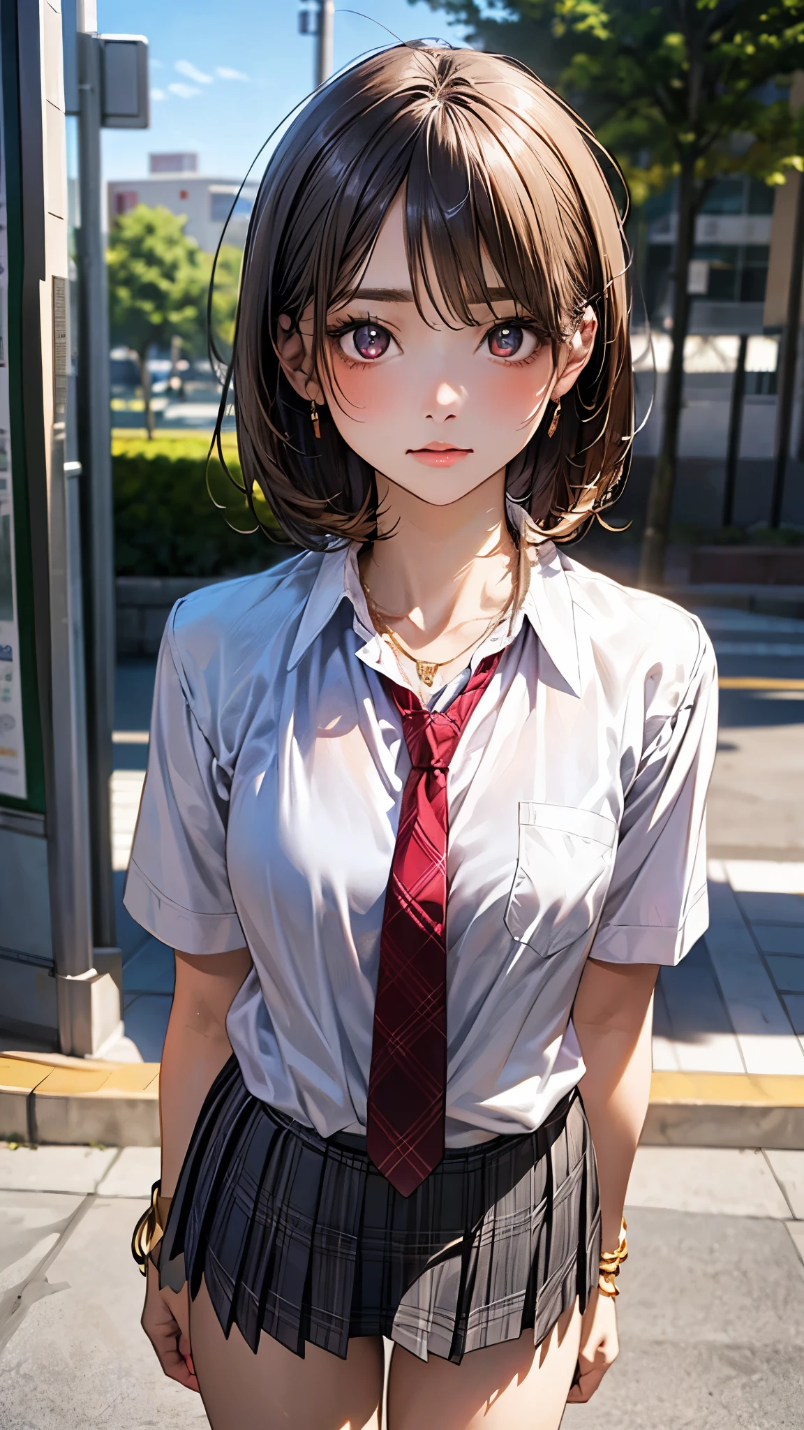(masterpiece:1.2, top-quality), (realistic, photorealistic:1.4), beautiful illustration, (natural side lighting, movie lighting),
looking at viewer, full body, 1 girl, japanese, high school girl, perfect face, cute and symmetrical face, suntan, shiny skin,
(short hair:1.2, bob cut:1.2, brown hair), parted bangs, brown eyes, drooping eyes, long eye lasher, (large breasts:0.6),
beautiful hair, beautiful face, beautiful detailed eyes, beautiful clavicle, beautiful body, beautiful chest, beautiful thigh, beautiful legs, beautiful fingers,
((collared short sleeve shirt, white shirt, school uniform, grey plaid pleated skirt, red tie), golden heart necklace, wrist chakra), light blue panties,
(beautiful scenery), school, (liftting skirt, standing, open legs), (:<, head tilt),