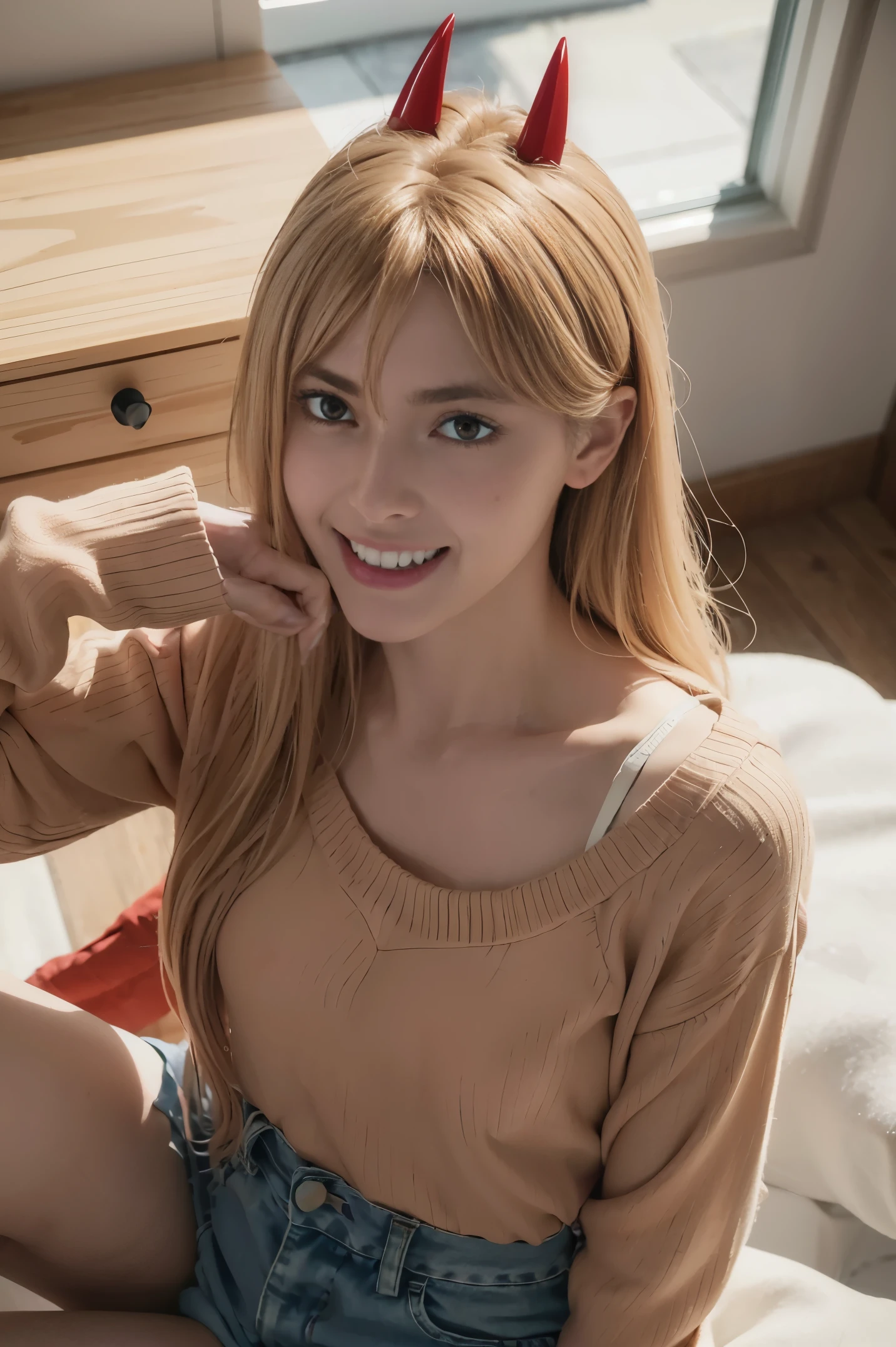 There was one girl with shiny skin in the bedroom， sexyposture，best qualtiy，tmasterpiece，（Photorealsitic：1.4），,reality,offcial art,The 8k quality,Super Detail,Fine detail skin,Movie angle,Cinematic textures,Movie Lighting,masutepiece,The highest image quality,1 girl,Vermilion lips,hair messy,((small breasts))，Underbust,1girll,long hair,upper limbs, blonde hair, (yellow eyes), ((red pupil)), red horns,, sitting, (denim shorts), ((evil grin)),  (from above), looking at viewer, sweater